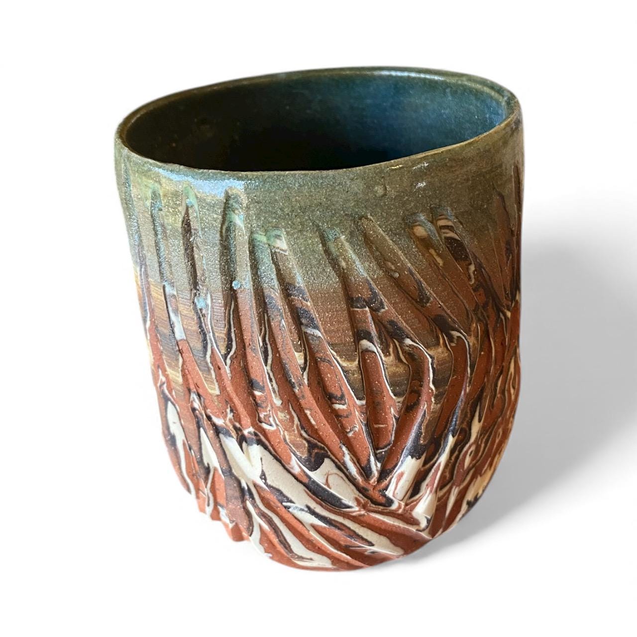 Stemless 10-Ounce Carved Handmade Agateware Cup