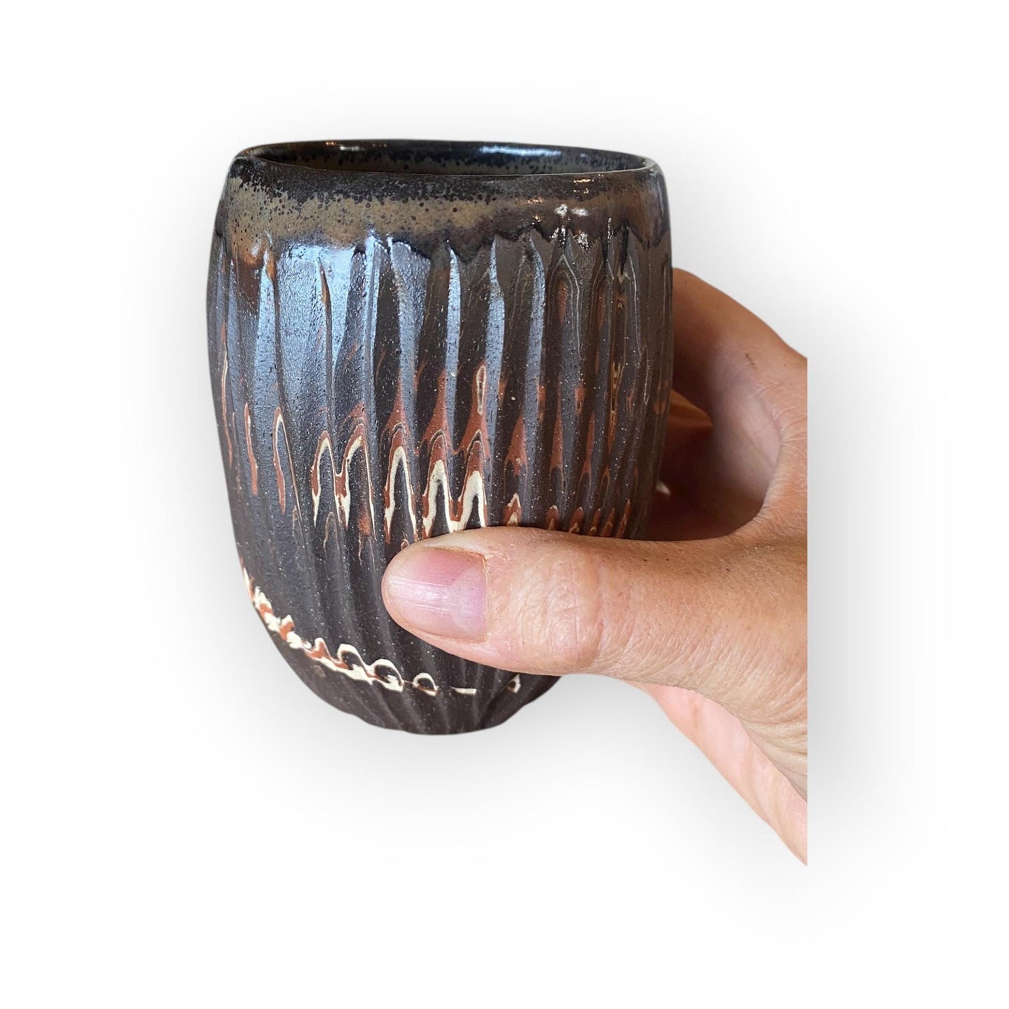 Handcrafted Stemless Agateware Cup - 12oz Carved Ceramic Marbled Nerikomi Pottery Barware (B-35)