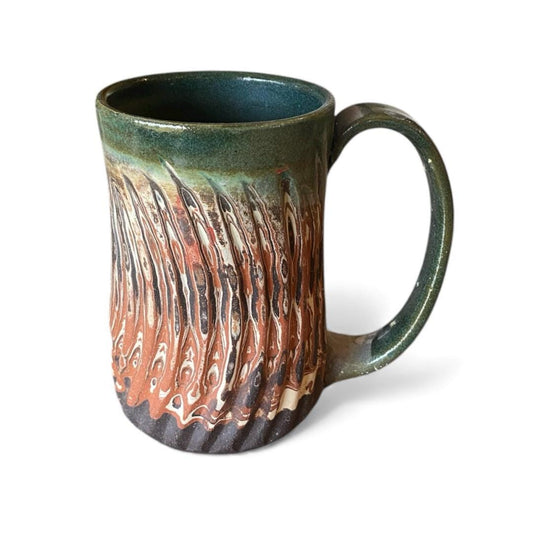 Handmade Agateware 14-Ounce Coffee Mug: Carved Stoneware with Sage Glaze (C-37)