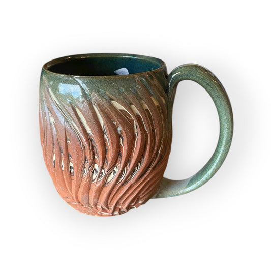 Handmade 16 oz - Agateware Carved Stoneware Coffee Mug: Cinnamon Glaze