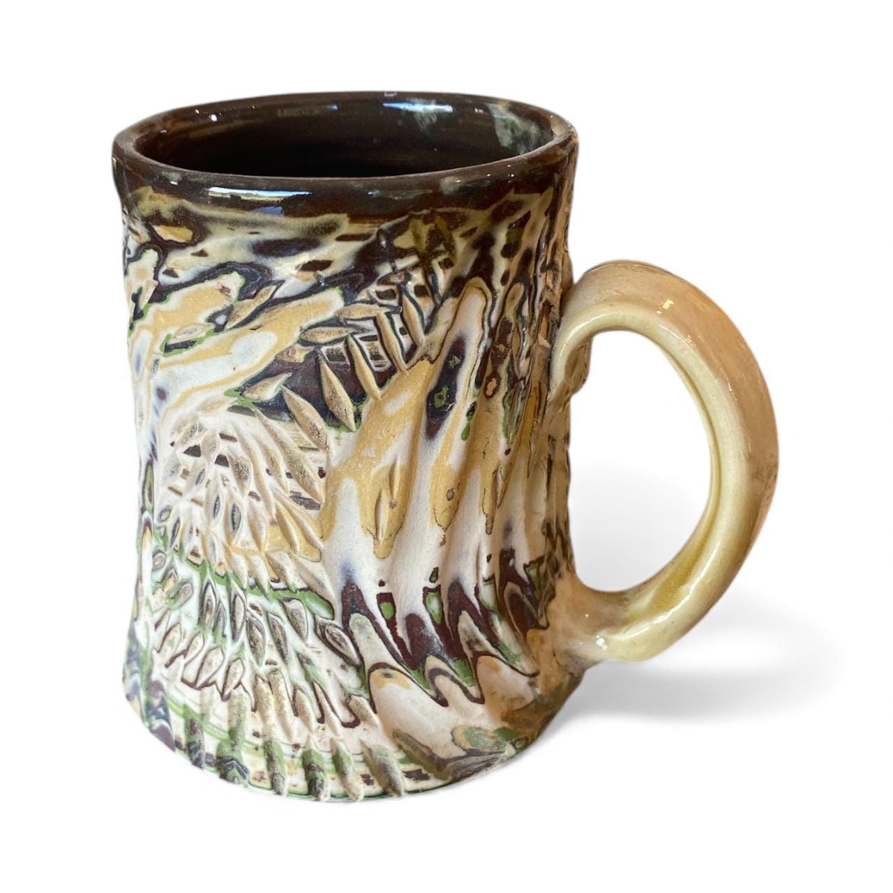 White, Brown, and Green Carved Agateware 14-Ounce Mug (B-48)