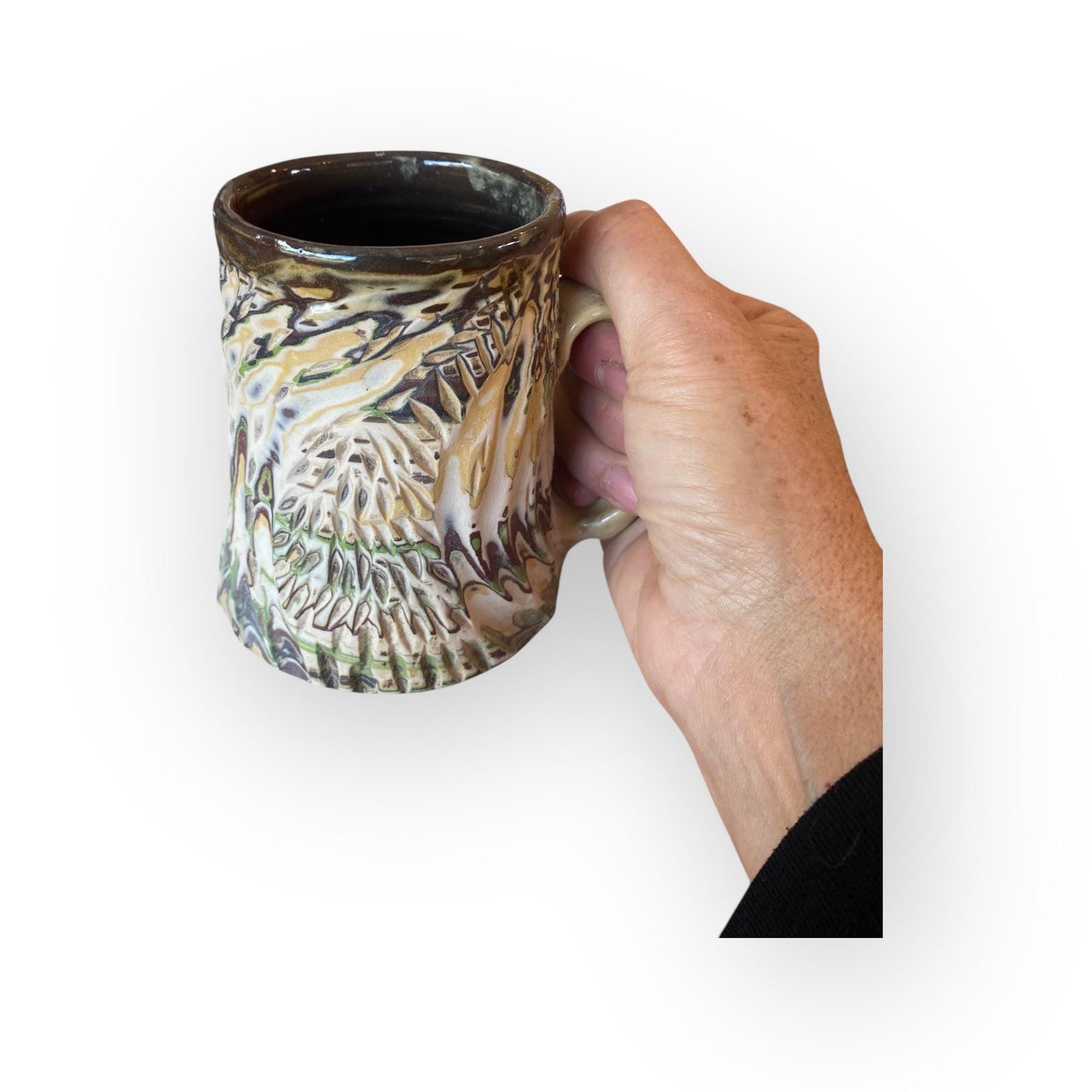 White, Brown, and Green Carved Agateware 14-Ounce Mug (B-48)