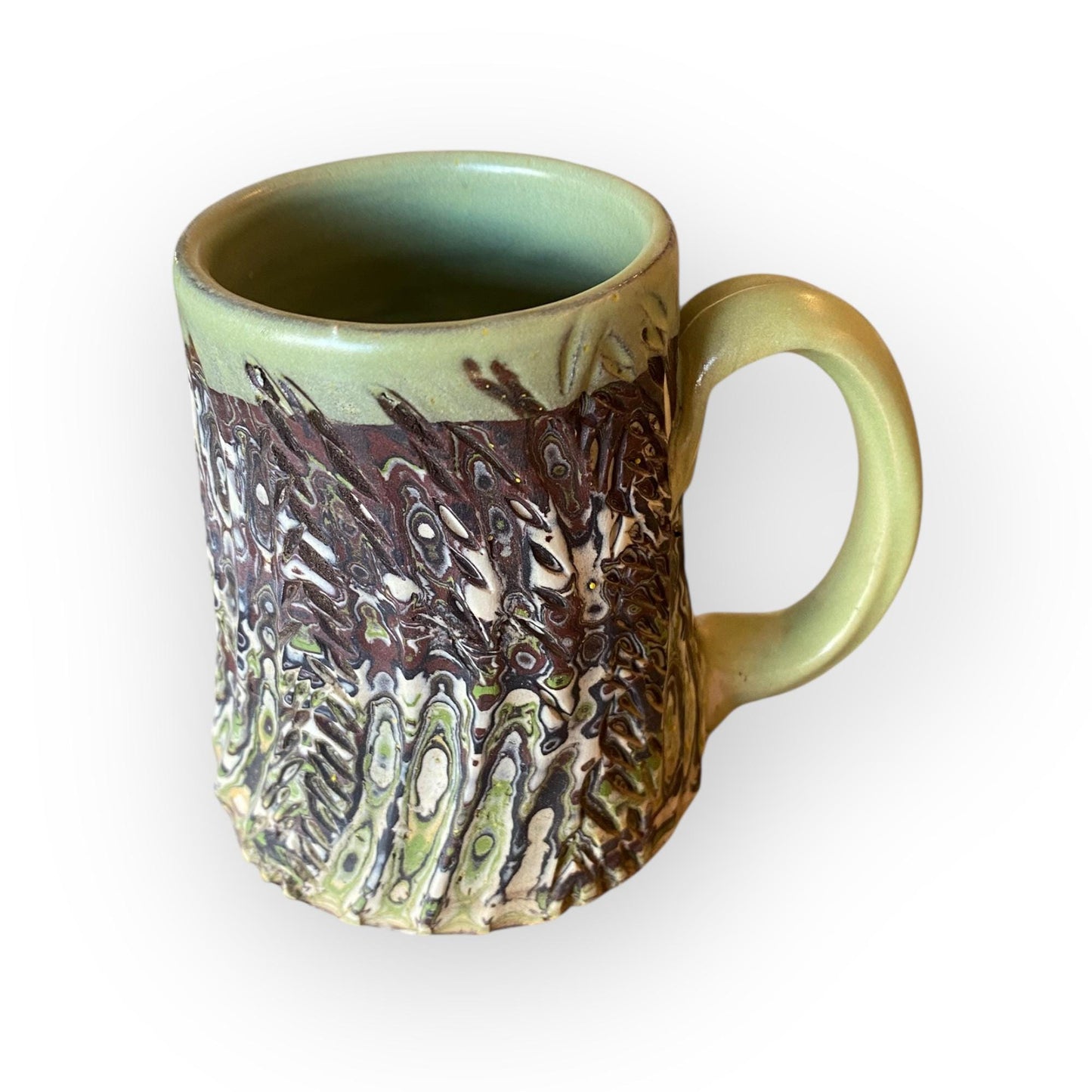 White, Brown, and Green Carved Agateware 14-Ounce Mug (B-49)