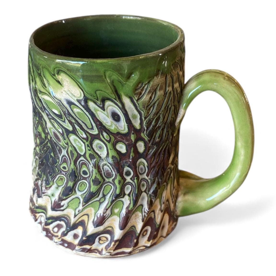 Carved Agateware Mug 14oz White Brown Green Pottery Handmade Stoneware Coffee Tea Cup (B-50)