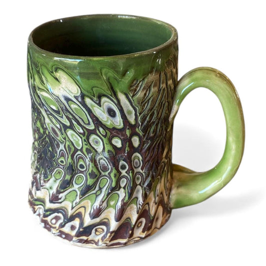 Carved Agateware Mug 14oz White Brown Green Pottery Handmade Stoneware Coffee Tea Cup (B-50)