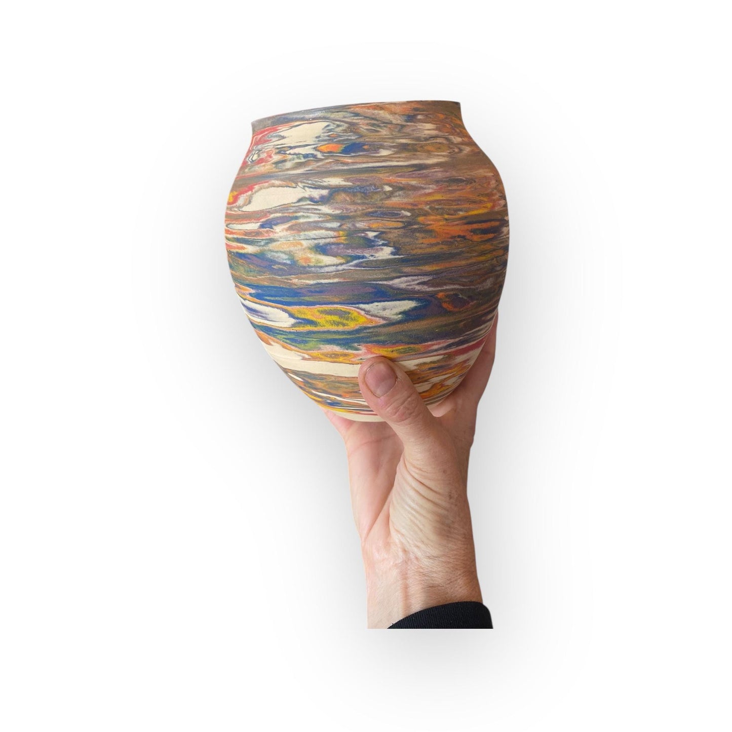 Large Hand Thrown Carved Marbled Flower Vase - Agateware Vase