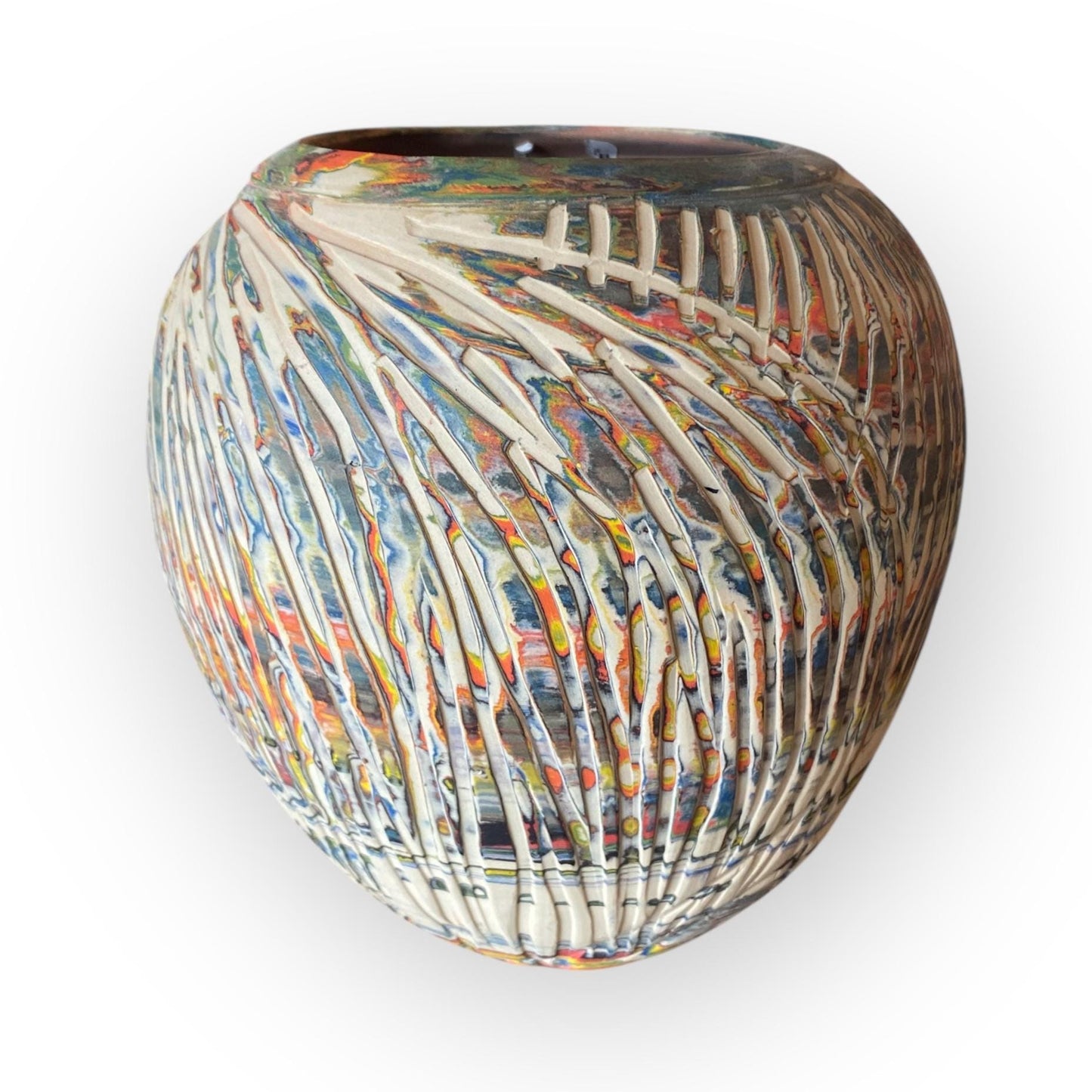 Large Hand Thrown Carved Agateware Vase Made from a Rainbow of Colors