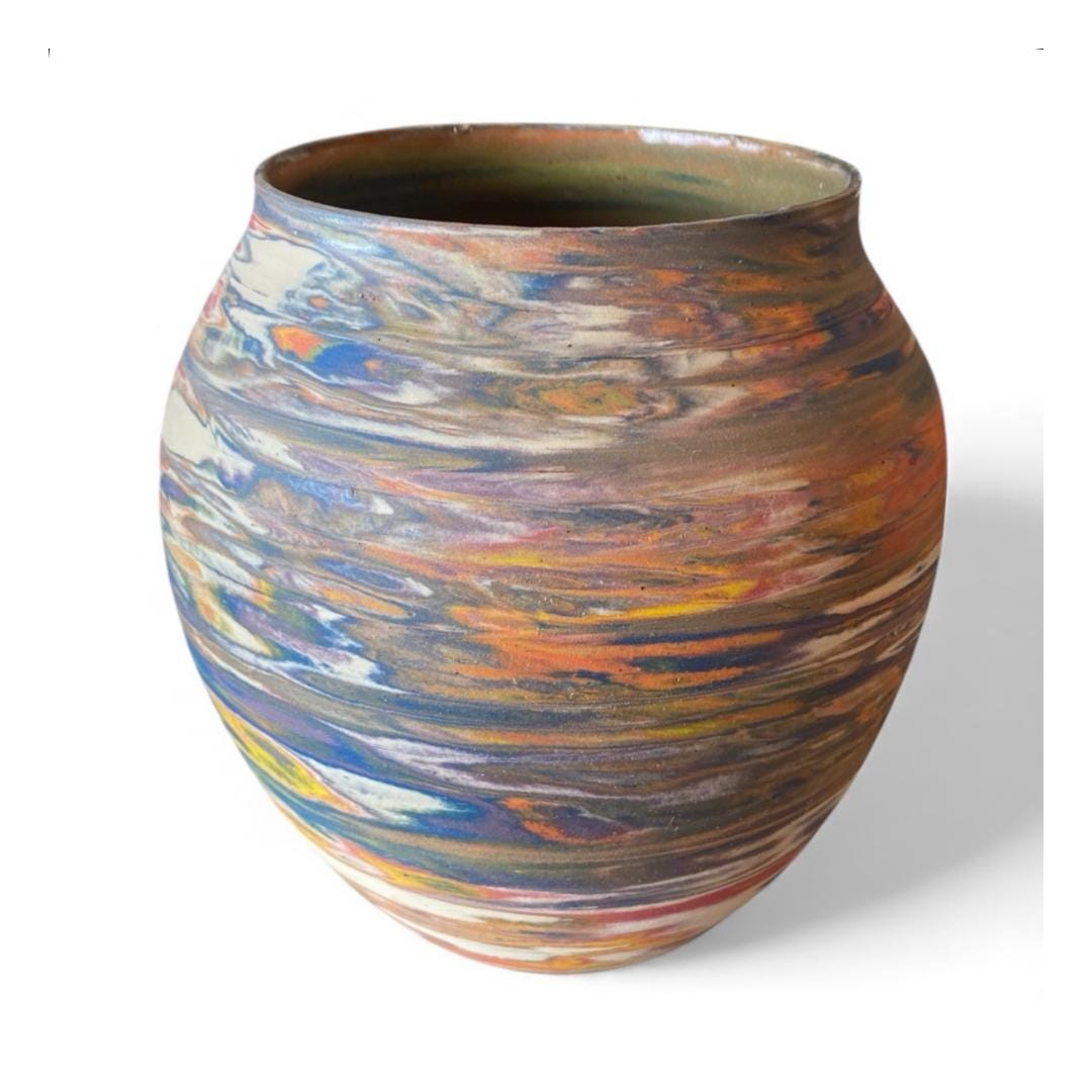 Large Hand Thrown Carved Marbled Flower Vase - Agateware Vase