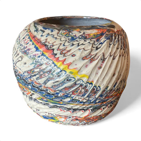 Large Hand Thrown Carved Neriage Vase Made from a Rainbow of Colors