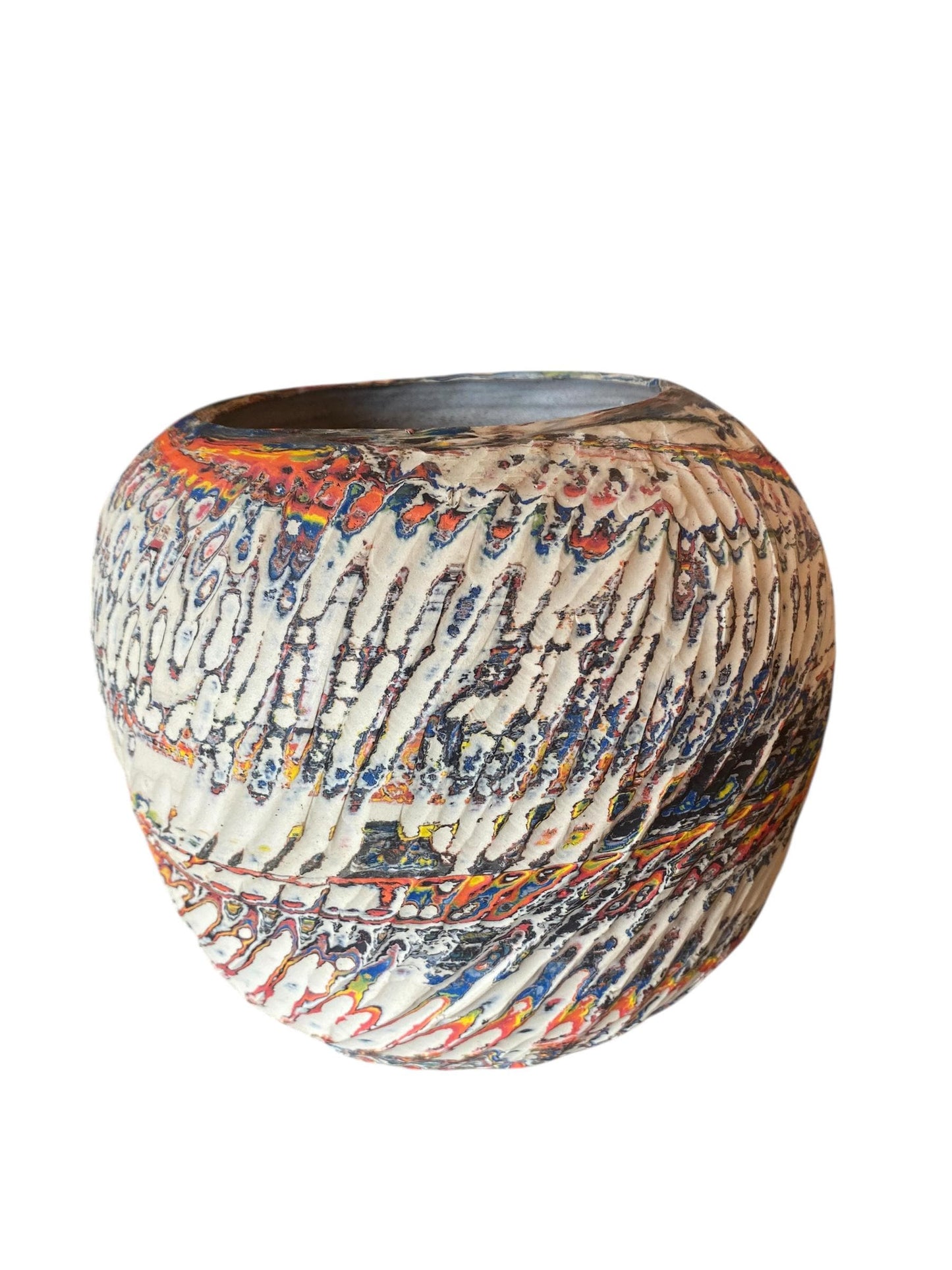 Large Hand Thrown Carved Neriage Vase Made from a Rainbow of Colors