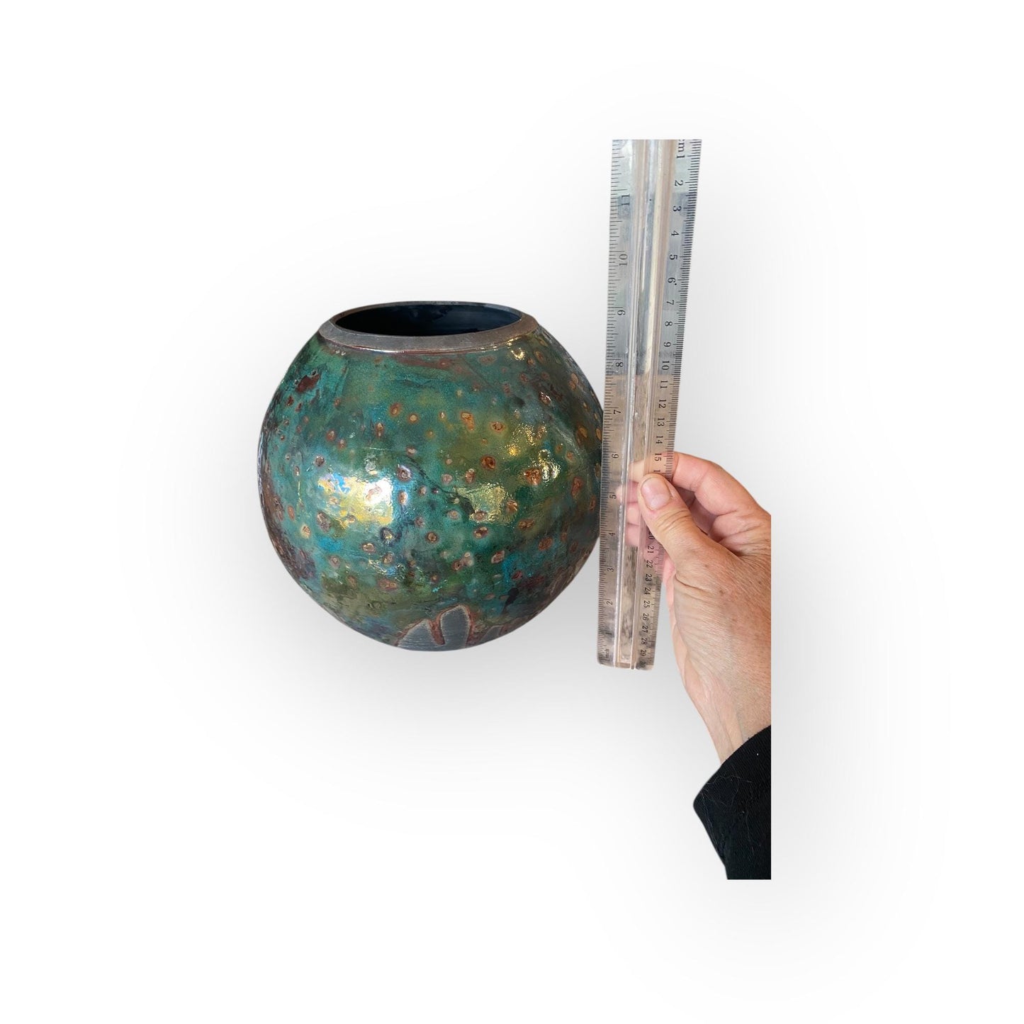 Hand Thrown Moon Jar Raku Fired Ceramic Art Vase - Pottery with Teal Bronze Glaze