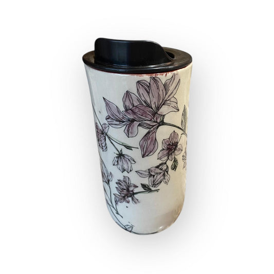 Handmade 16-Ounce Travel Mug Embellished With Lavender Flowers - Stylish Pottery with Locking Lid and Sleeve