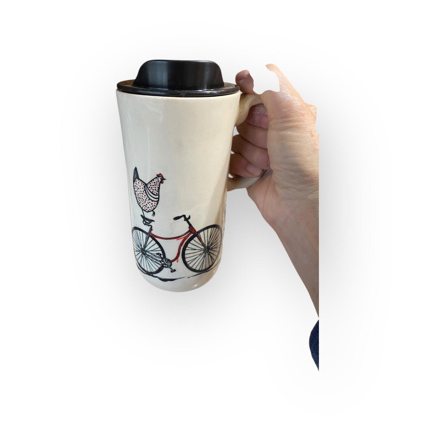 Large Travel Mug with Locking Lid Painted with Chicken Riding a Bike - Whimsical Pottery for Secure and Fun On-the-Go Adventures
