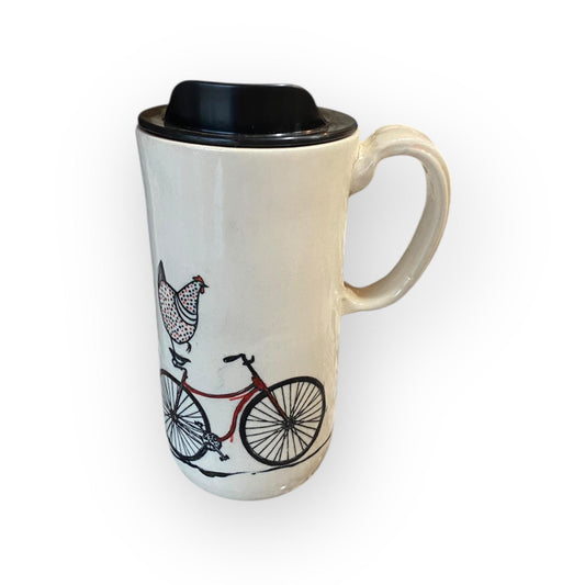Large Travel Mug with Locking Lid Painted with Chicken Riding a Bike - Whimsical Pottery for Secure and Fun On-the-Go Adventures