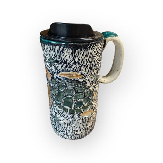 Handcrafted Sgrafitto Turtle: Carved Stoneware, Leakproof Lid, Nature-Inspired Gift