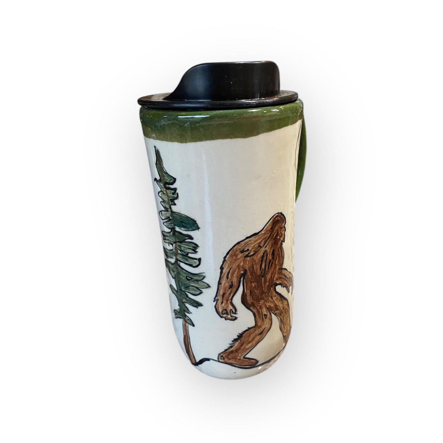 Hand-Painted Bigfoot Stoneware Travel Mug: Unique Ceramic Sasquatch Cup for Outdoor Enthusiasts