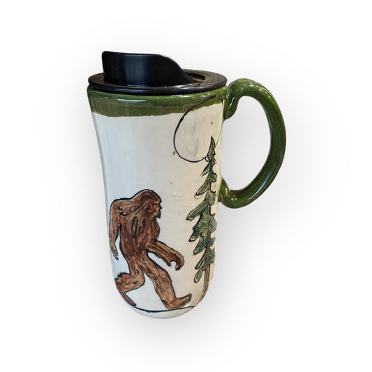 Hand-Painted Bigfoot Stoneware Travel Mug: Unique Ceramic Sasquatch Cup for Outdoor Enthusiasts