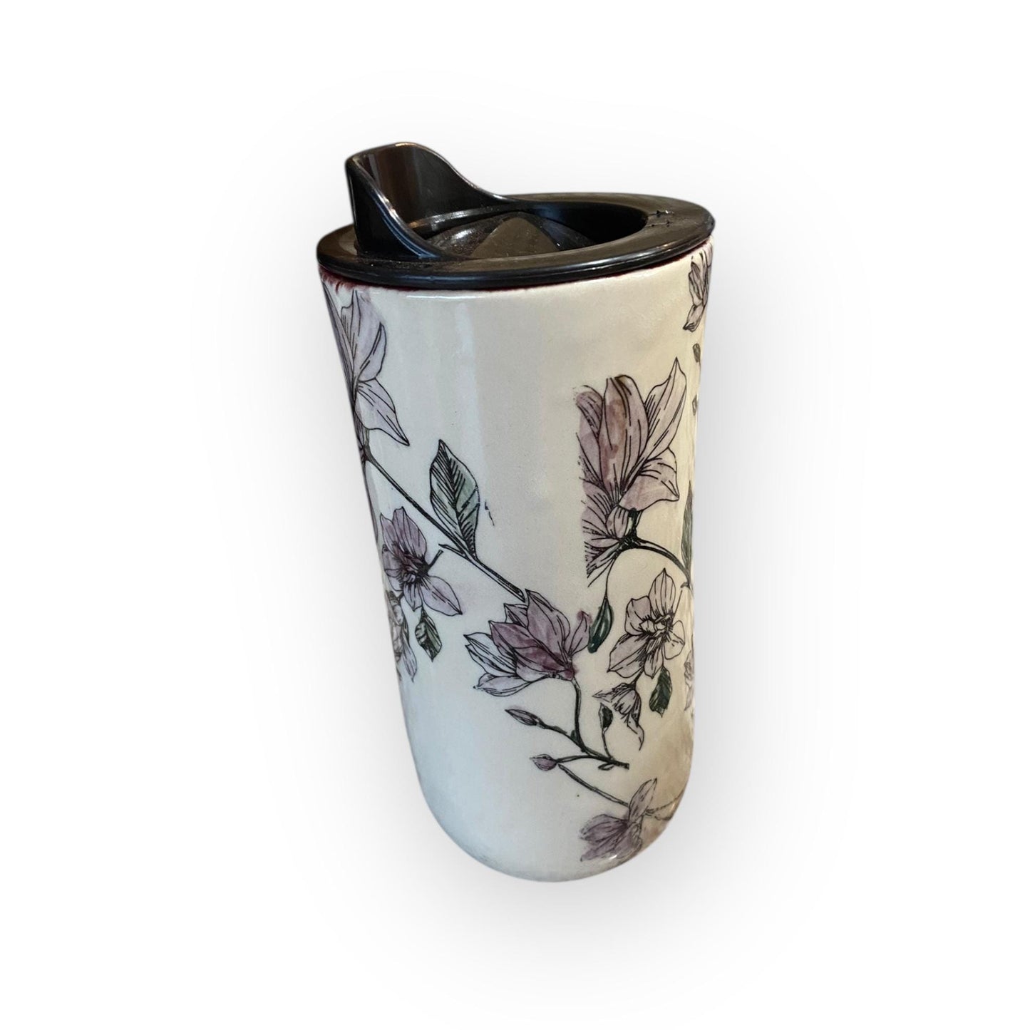 Handmade 16-Ounce Travel Mug Embellished With Lavender Flowers - Stylish Pottery with Locking Lid and Sleeve