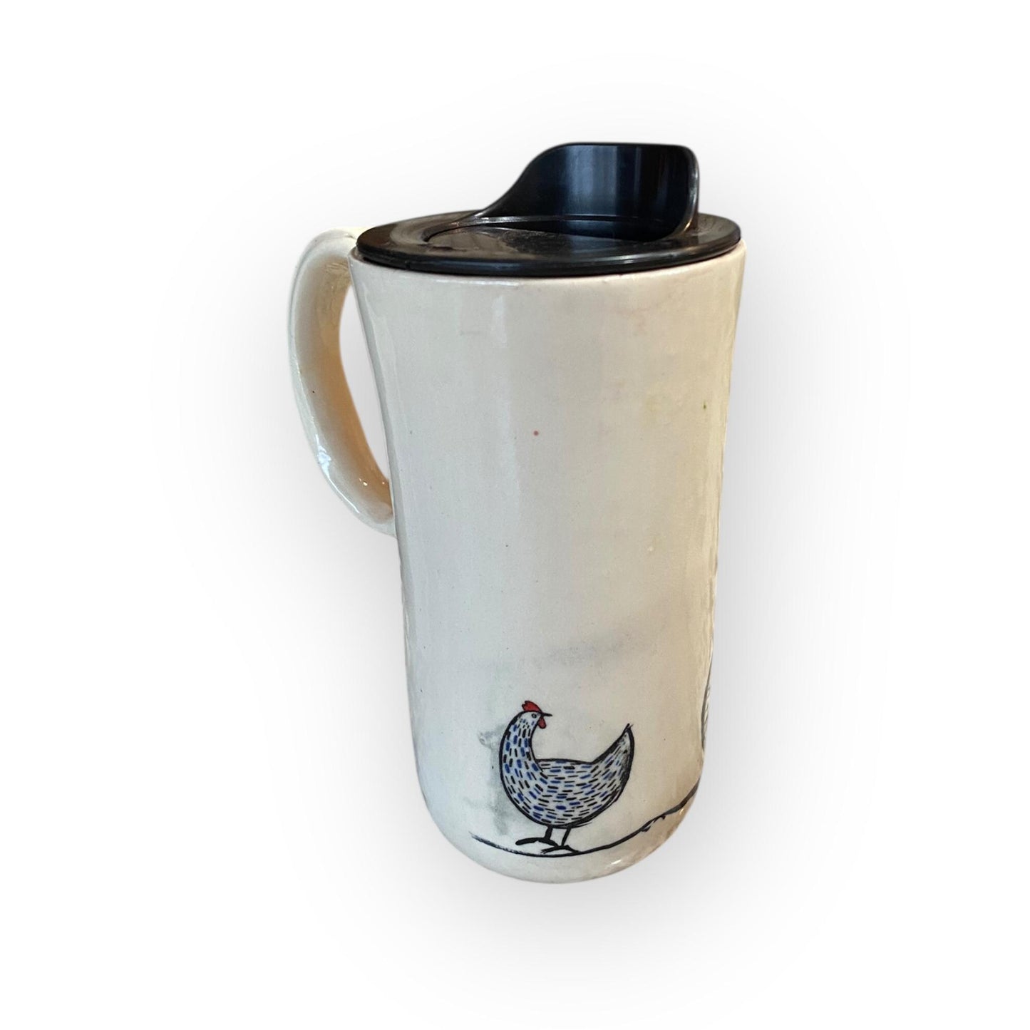Large Travel Mug with Locking Lid Painted with Chicken Riding a Bike - Whimsical Pottery for Secure and Fun On-the-Go Adventures