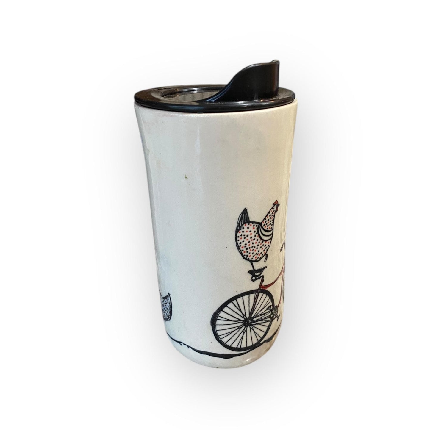 Large Travel Mug with Locking Lid Painted with Chicken Riding a Bike - Whimsical Pottery for Secure and Fun On-the-Go Adventures