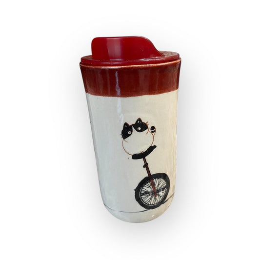 Large Travel Mug with Locking Lid Painted with Cats Riding Bikes - Whimsical Pottery for Secure and Fun On-the-Go Adventures