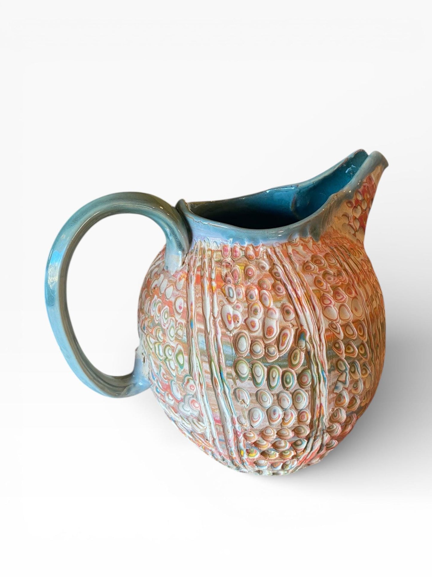 Large Handmade Neriage Nerikomi Carved Ceramic Pitcher | Artisan Stoneware Margarita Farmhouse Pottery