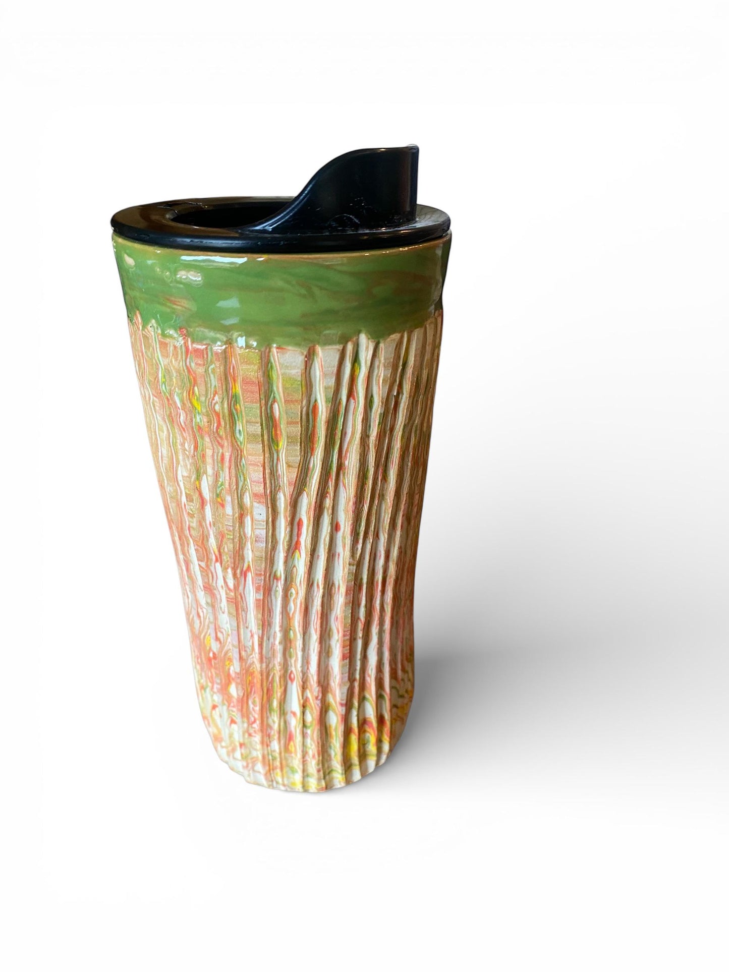 Handmade Agateware Stoneware Travel Mug 16 Ounce Fluted Pottery Coffee Cup (G-1)