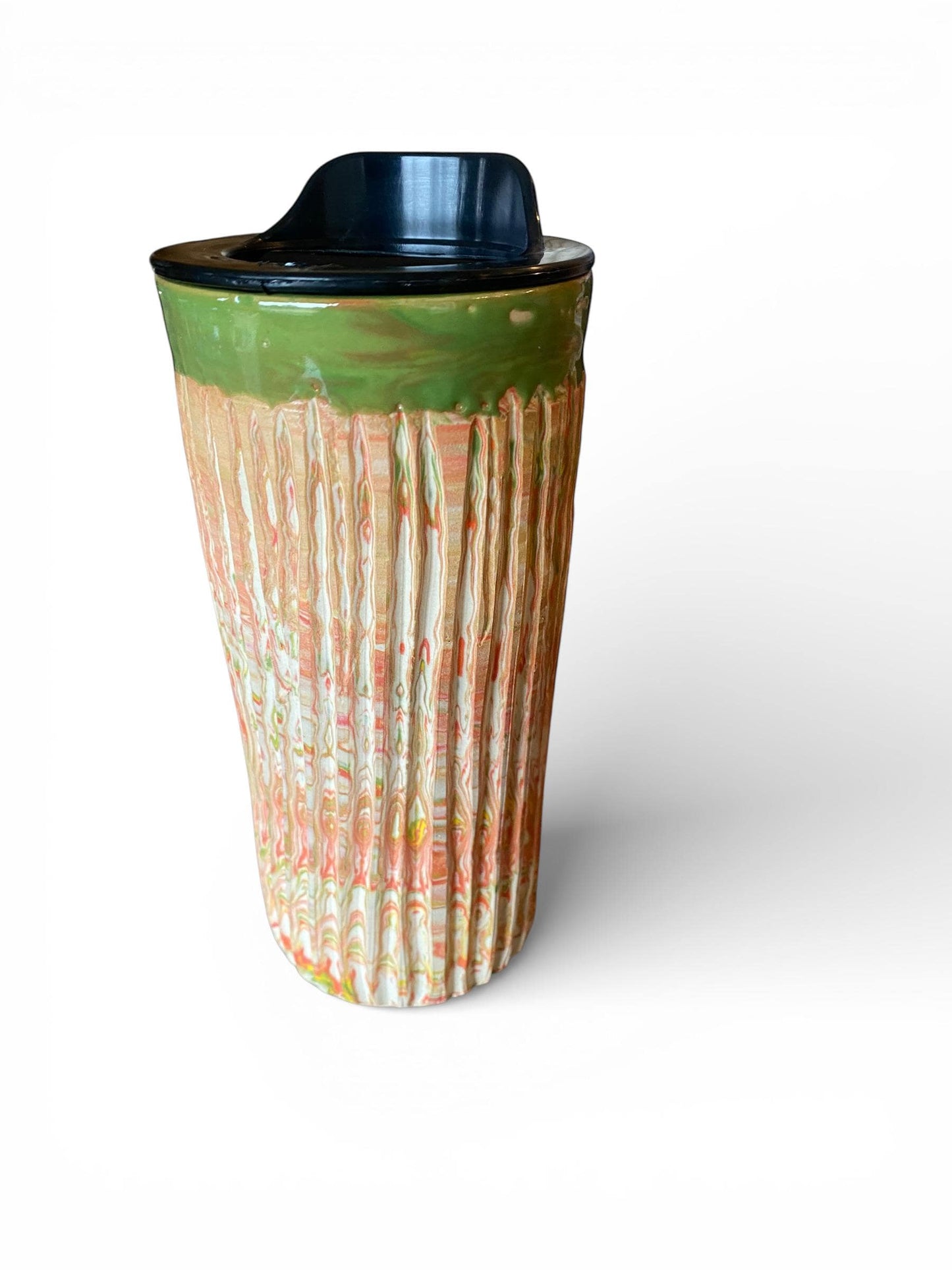 Handmade Agateware Stoneware Travel Mug 16 Ounce Fluted Pottery Coffee Cup (G-1)