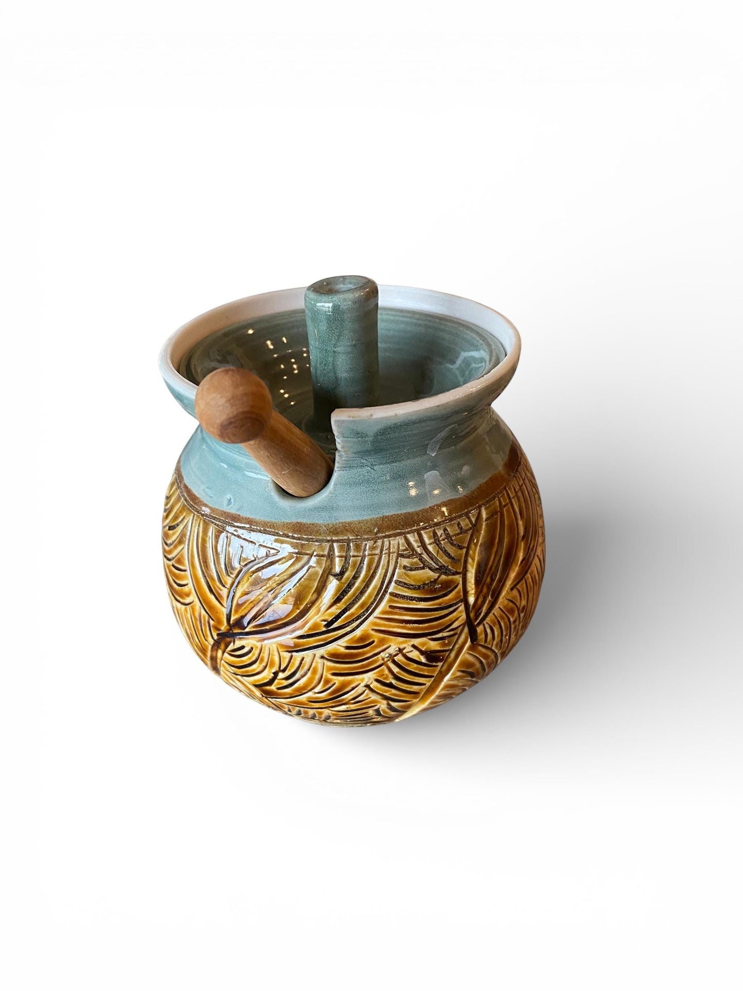 Handmade Stoneware Honey Pot with Wooden Dipper | Ceramic Kitchen Decor Crock