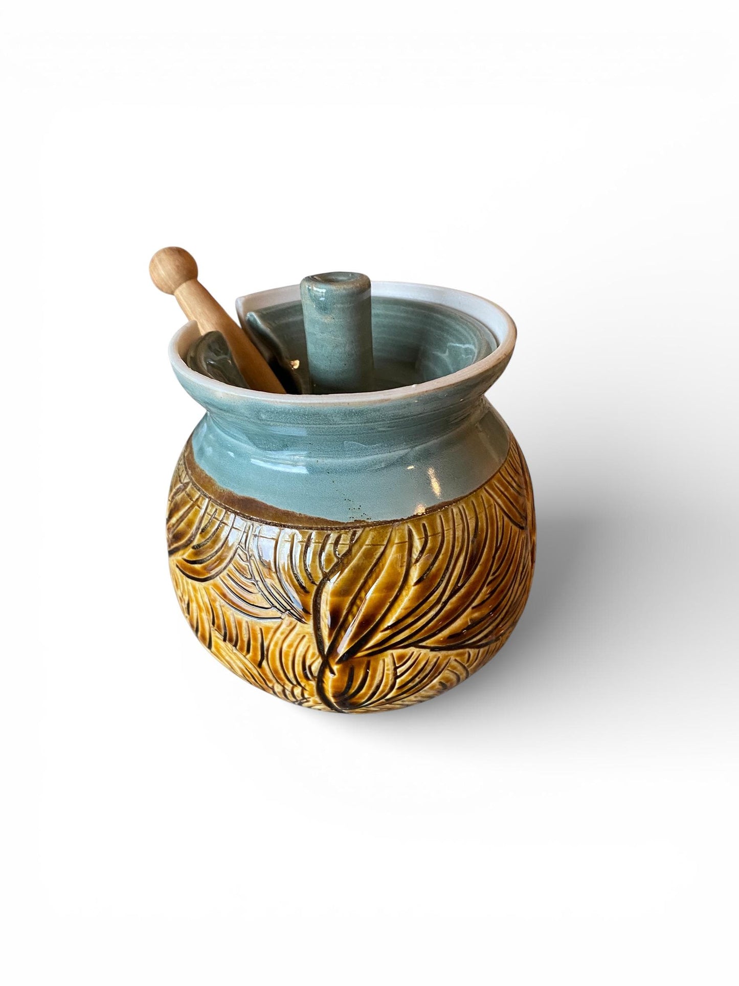 Handmade Stoneware Honey Pot with Wooden Dipper | Ceramic Kitchen Decor Crock