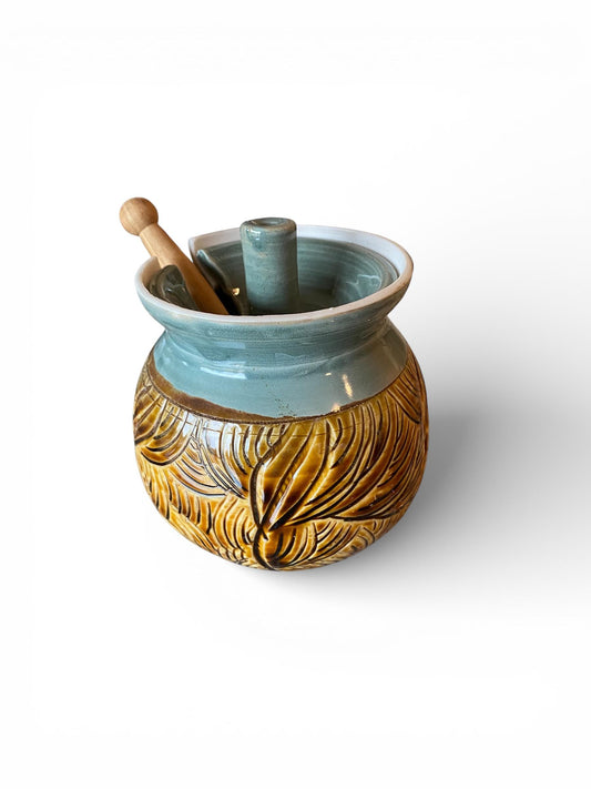 Handmade Stoneware Honey Pot with Wooden Dipper | Ceramic Kitchen Decor Crock