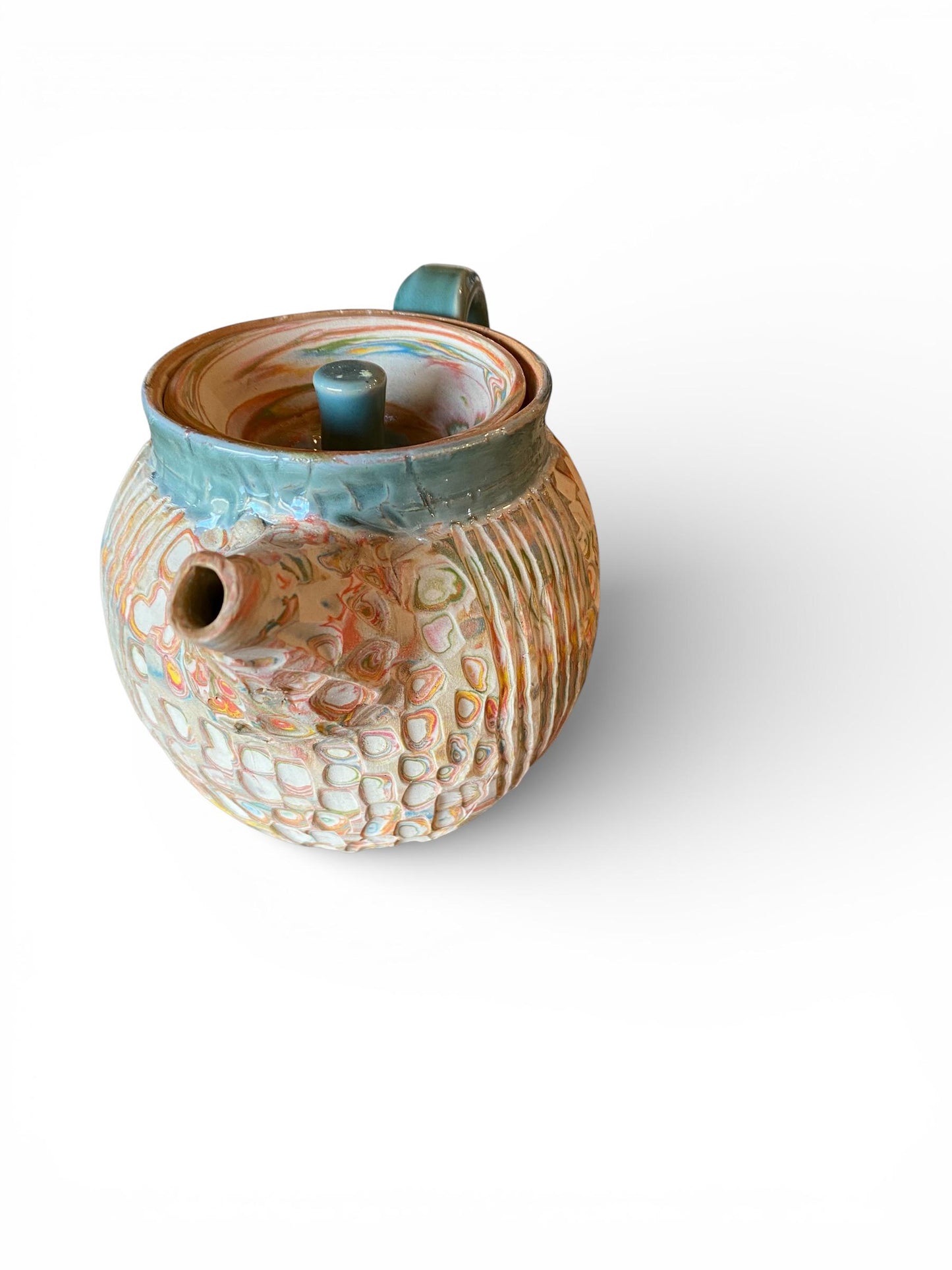 Unique 4-Color 16-Ounce Neriage Teapot with Built-In Infuser: Handcrafted Marbled Ceramic Pottery for Asian Tea Ceremonies