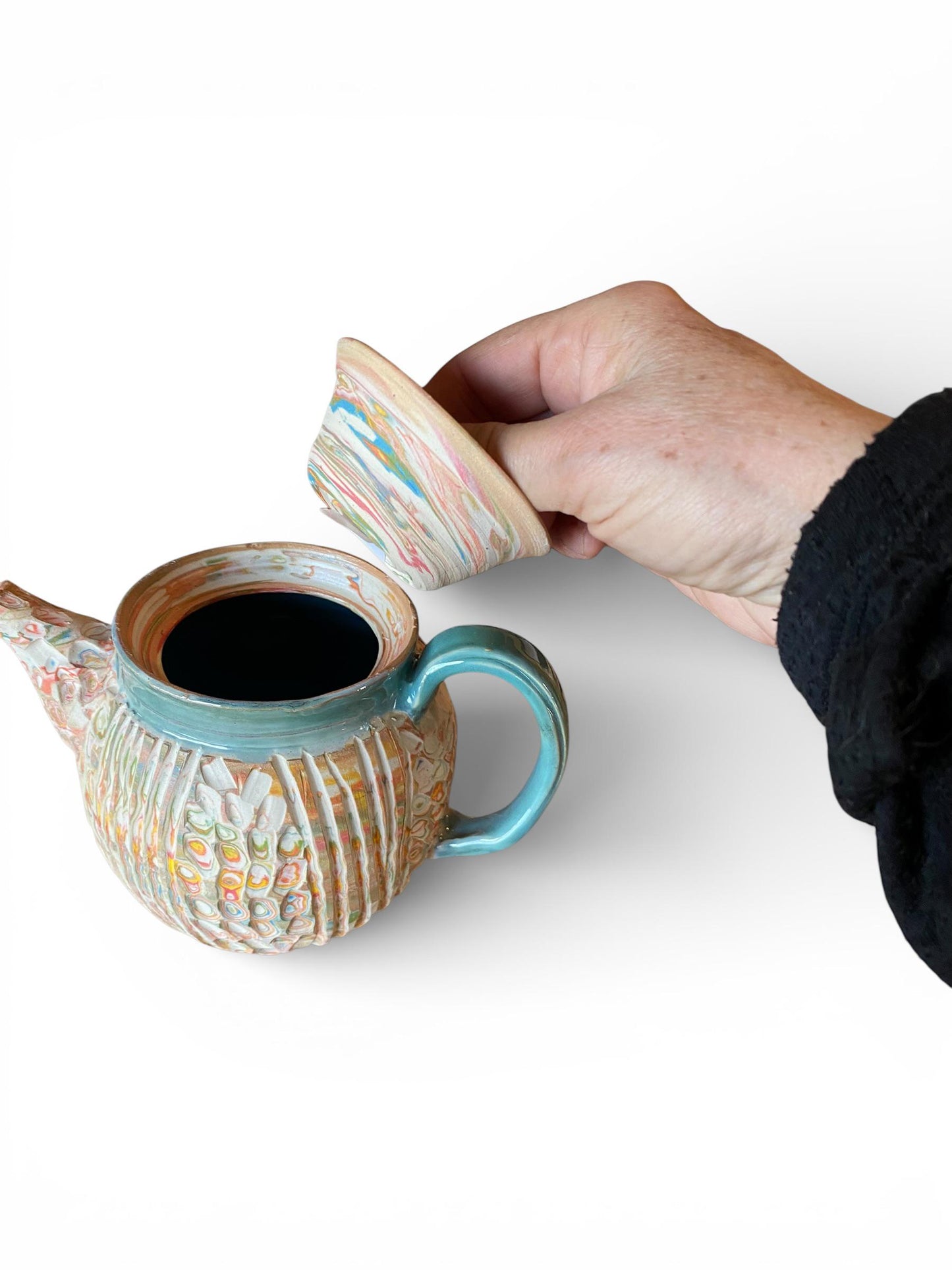 Unique 4-Color 16-Ounce Neriage Teapot with Built-In Infuser: Handcrafted Marbled Ceramic Pottery for Asian Tea Ceremonies