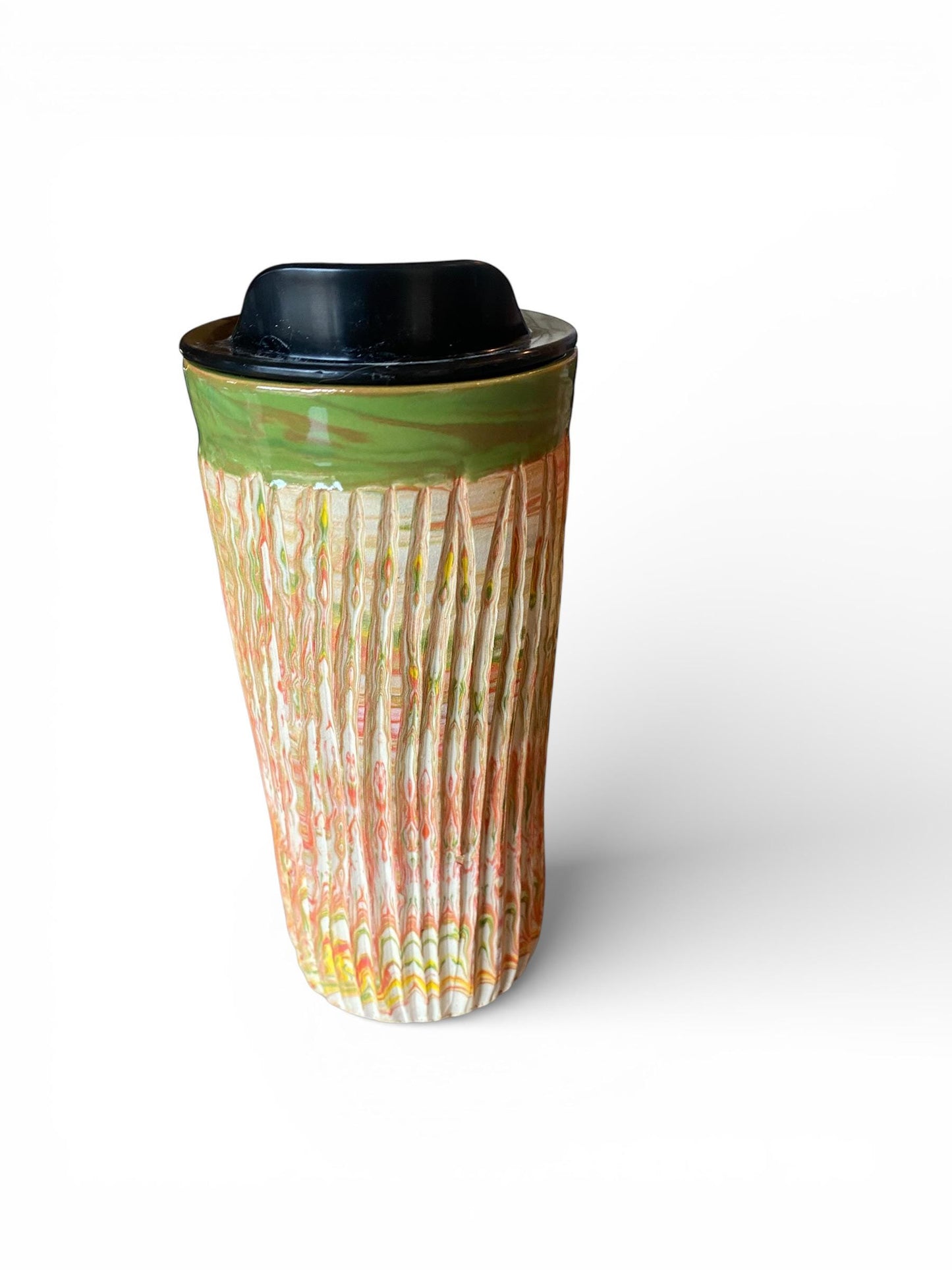 Handmade Agateware Stoneware Travel Mug 16 Ounce Fluted Pottery Coffee Cup (G-1)