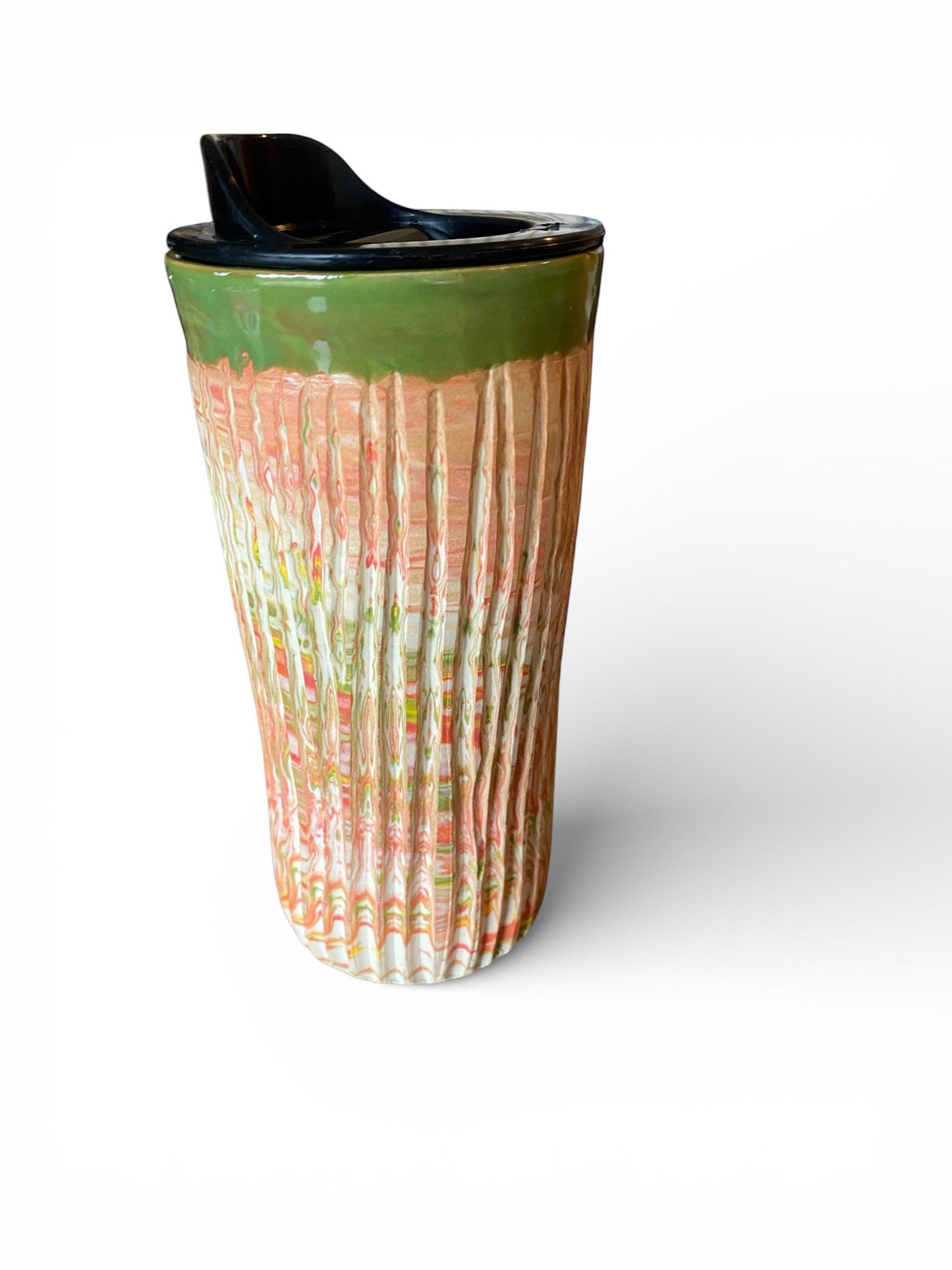 Handmade Agateware Stoneware Travel Mug 16 Ounce Fluted Pottery Coffee Cup (G-1)