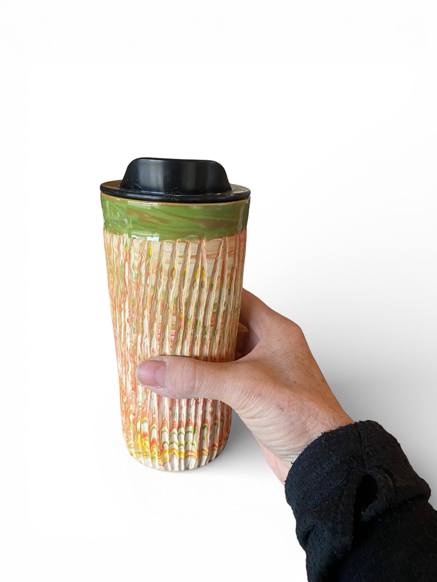 Handmade Agateware Stoneware Travel Mug 16 Ounce Fluted Pottery Coffee Cup (G-1)