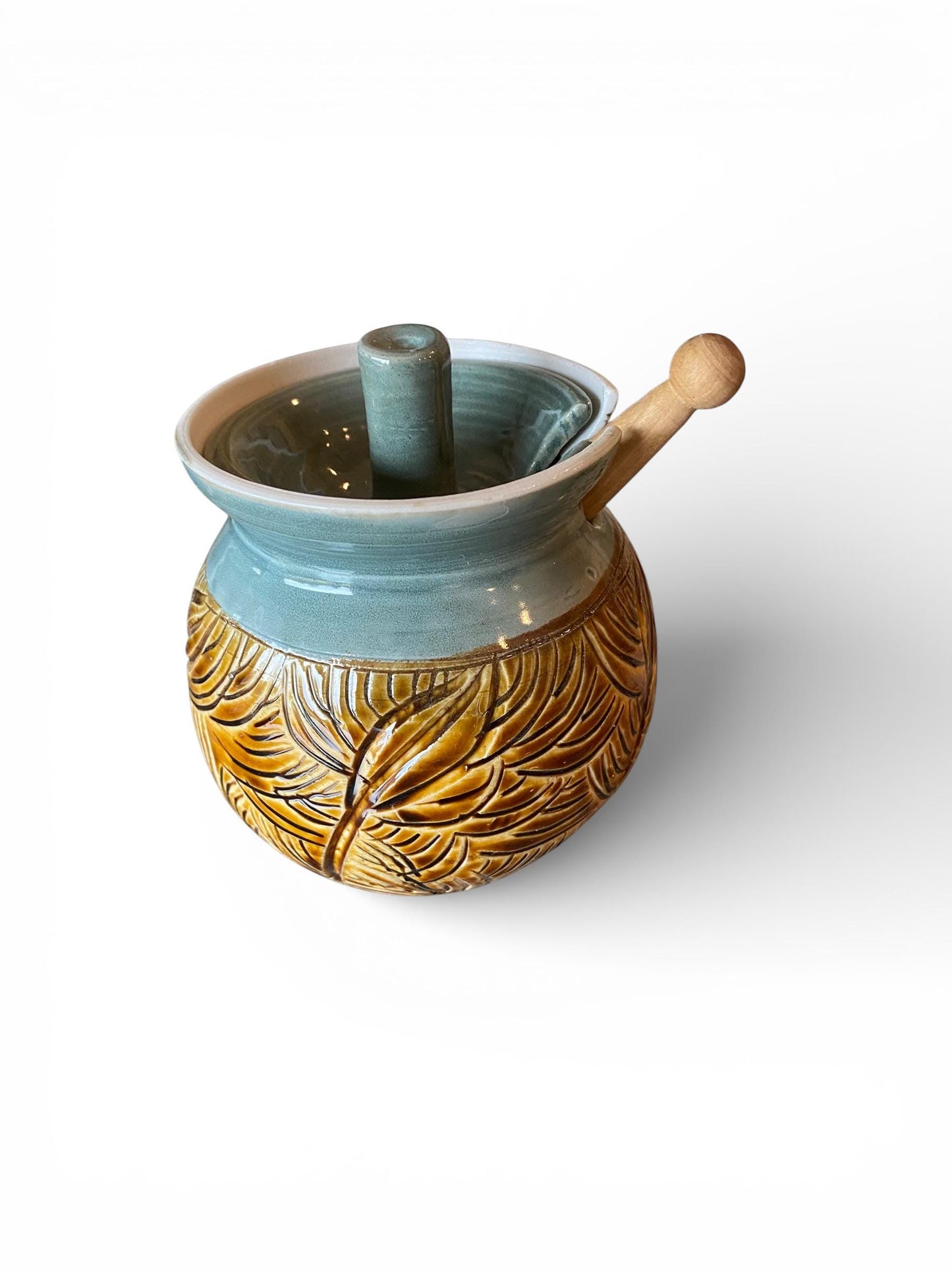 Handmade Stoneware Honey Pot with Wooden Dipper | Ceramic Kitchen Decor Crock