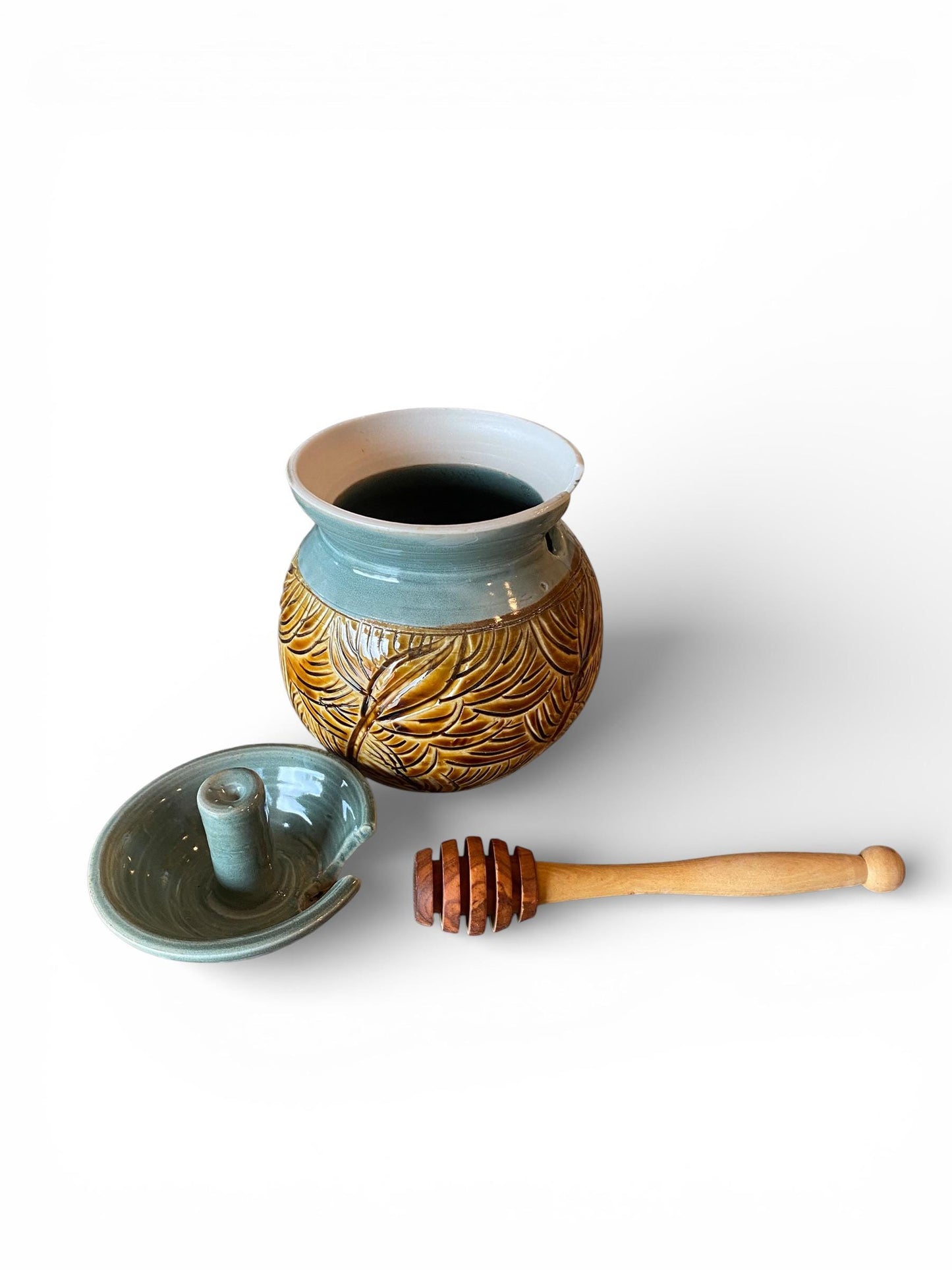 Handmade Stoneware Honey Pot with Wooden Dipper | Ceramic Kitchen Decor Crock