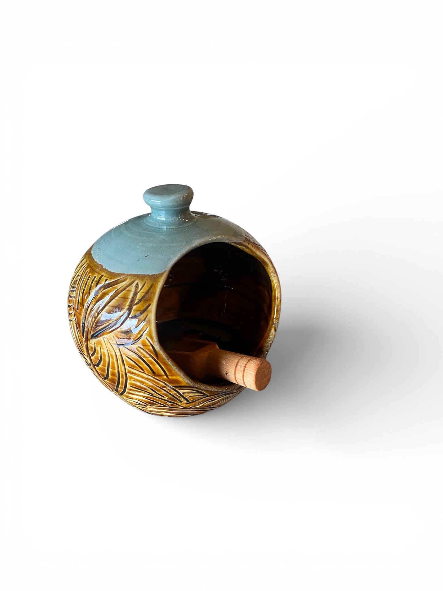 Handcrafted Ceramic Salt Cellar: Modern Stoneware Dish with Olive Wood Spoon for Kitchen & Dining