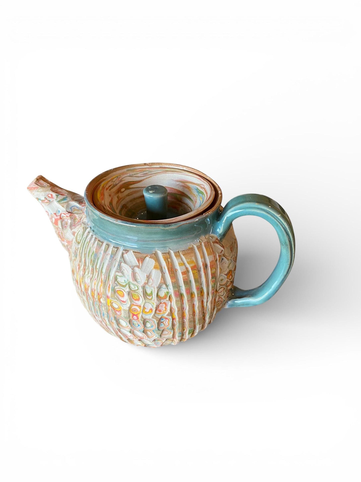 Unique 4-Color 16-Ounce Neriage Teapot with Built-In Infuser: Handcrafted Marbled Ceramic Pottery for Asian Tea Ceremonies