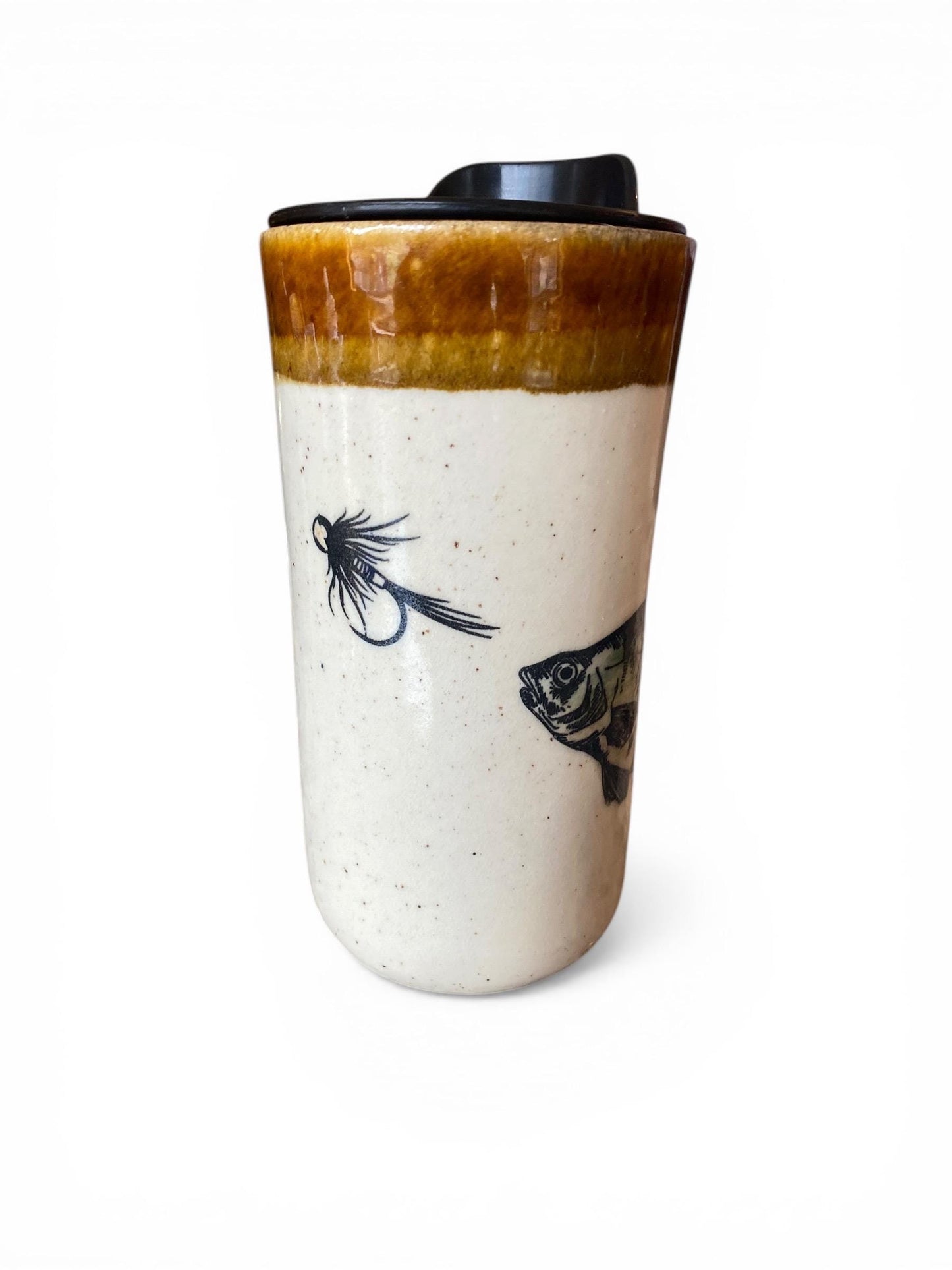 Artisanal Perch Fish Chasing Lure Porcelain Travel Mug: 16oz Handmade Stoneware Coffee Cup for Fishing Enthusiasts