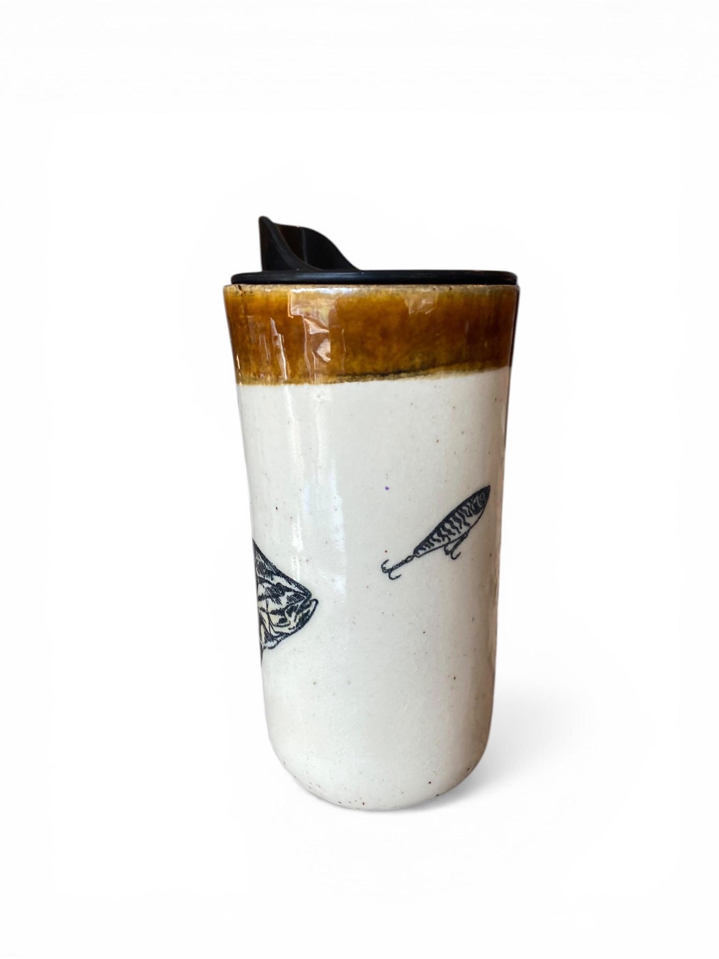 Artisanal Bass Chasing Lure Porcelain Travel Mug: 16oz Handmade Stoneware Coffee Cup for Fishing Enthusiasts