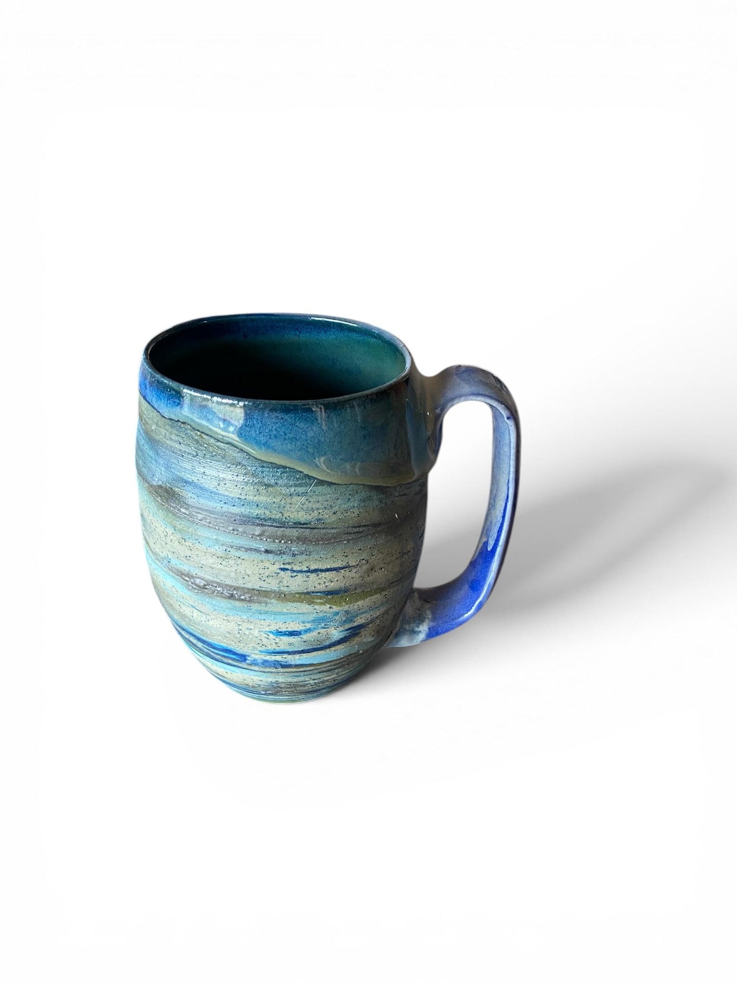 Handmade Agateware Coffee Mug Glazed in Soft Blues - 20-Ounce Pottery Tea Mug