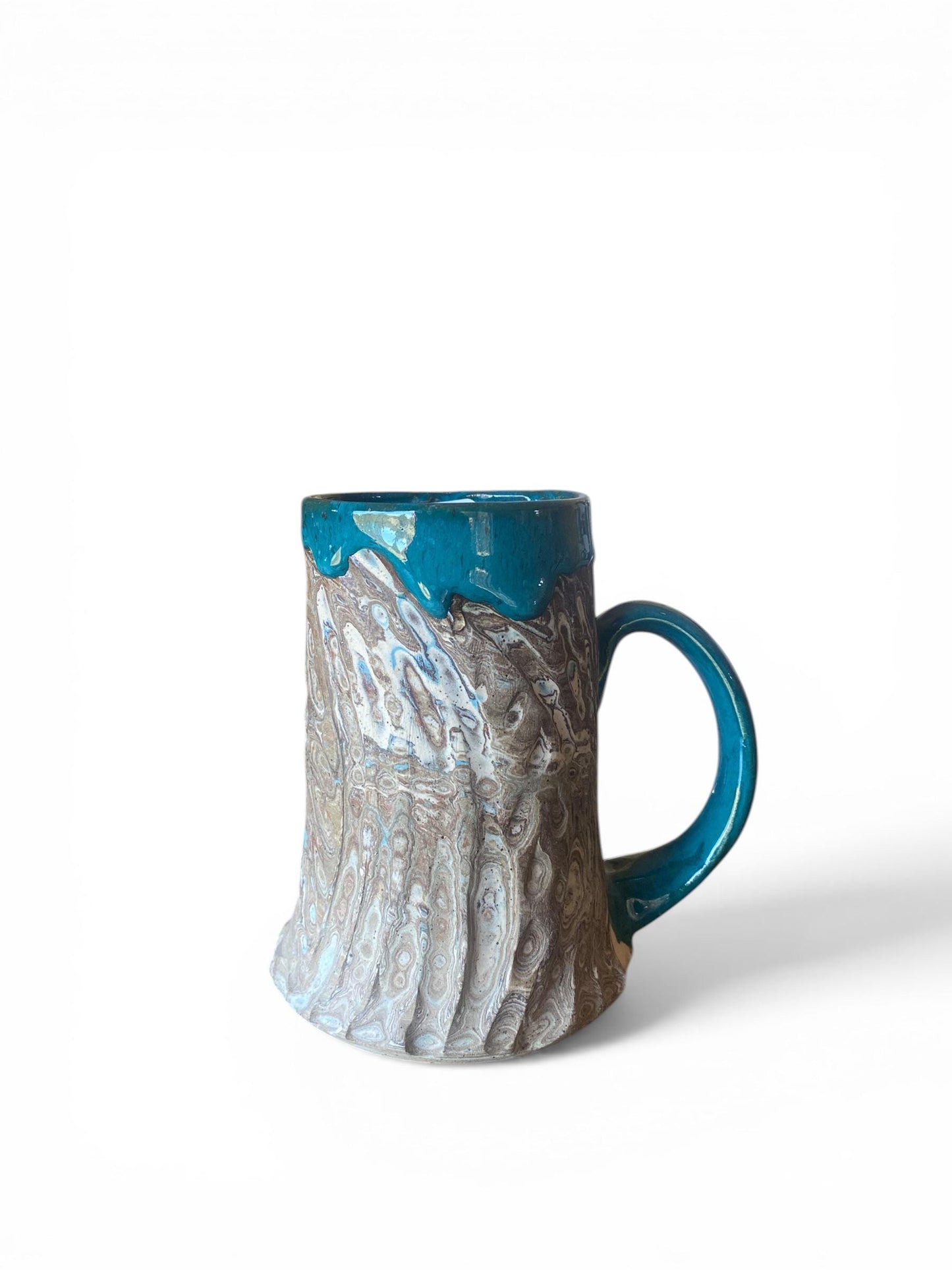 Fluted Porcelain Mug – Swirled Colored Clays with Japanese Neriage, Hand-Carved, Satin-Smooth Unglazed Pottery (T-1)