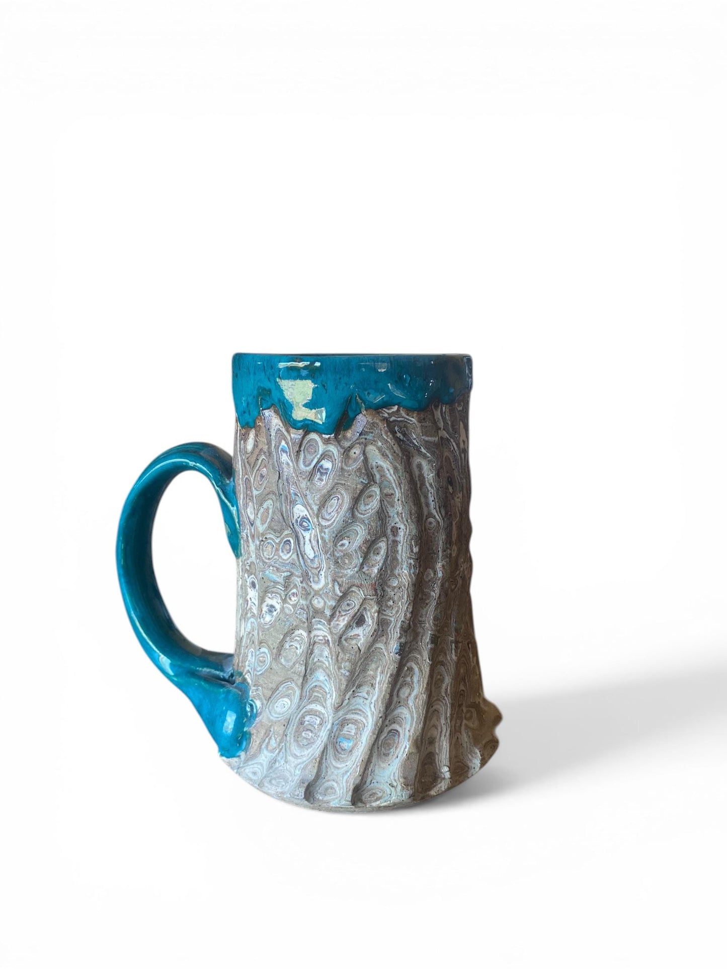 Fluted Porcelain Mug – Swirled Colored Clays with Japanese Neriage, Hand-Carved, Satin-Smooth Unglazed Pottery (T-1)