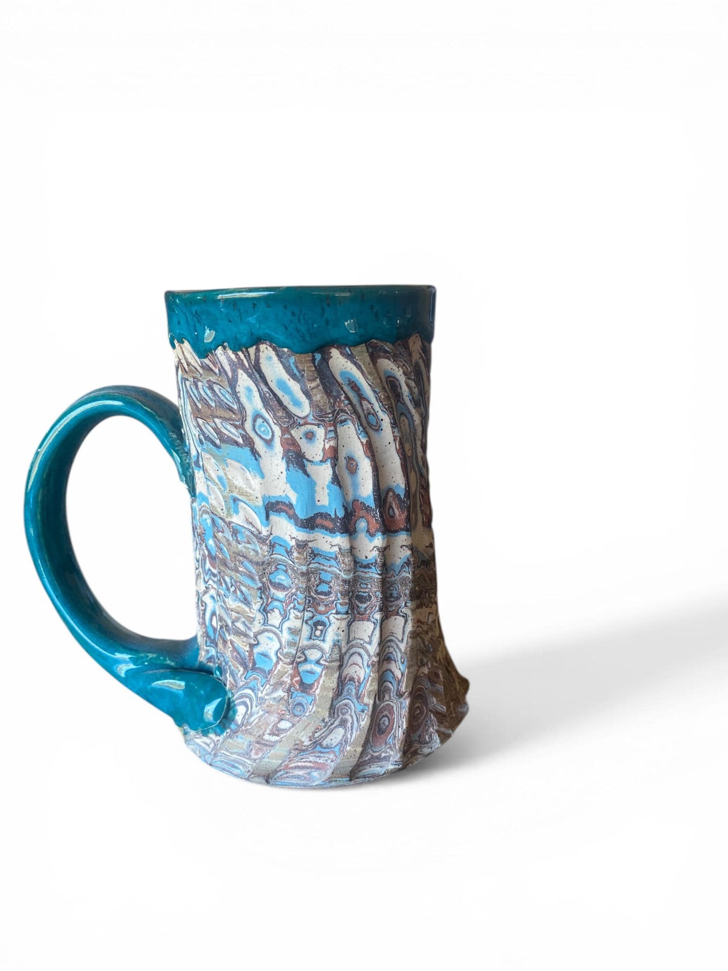 Fluted Porcelain Mug – Swirled Colored Clays with Japanese Neriage, Hand-Carved, Satin-Smooth Unglazed Pottery (T-2)