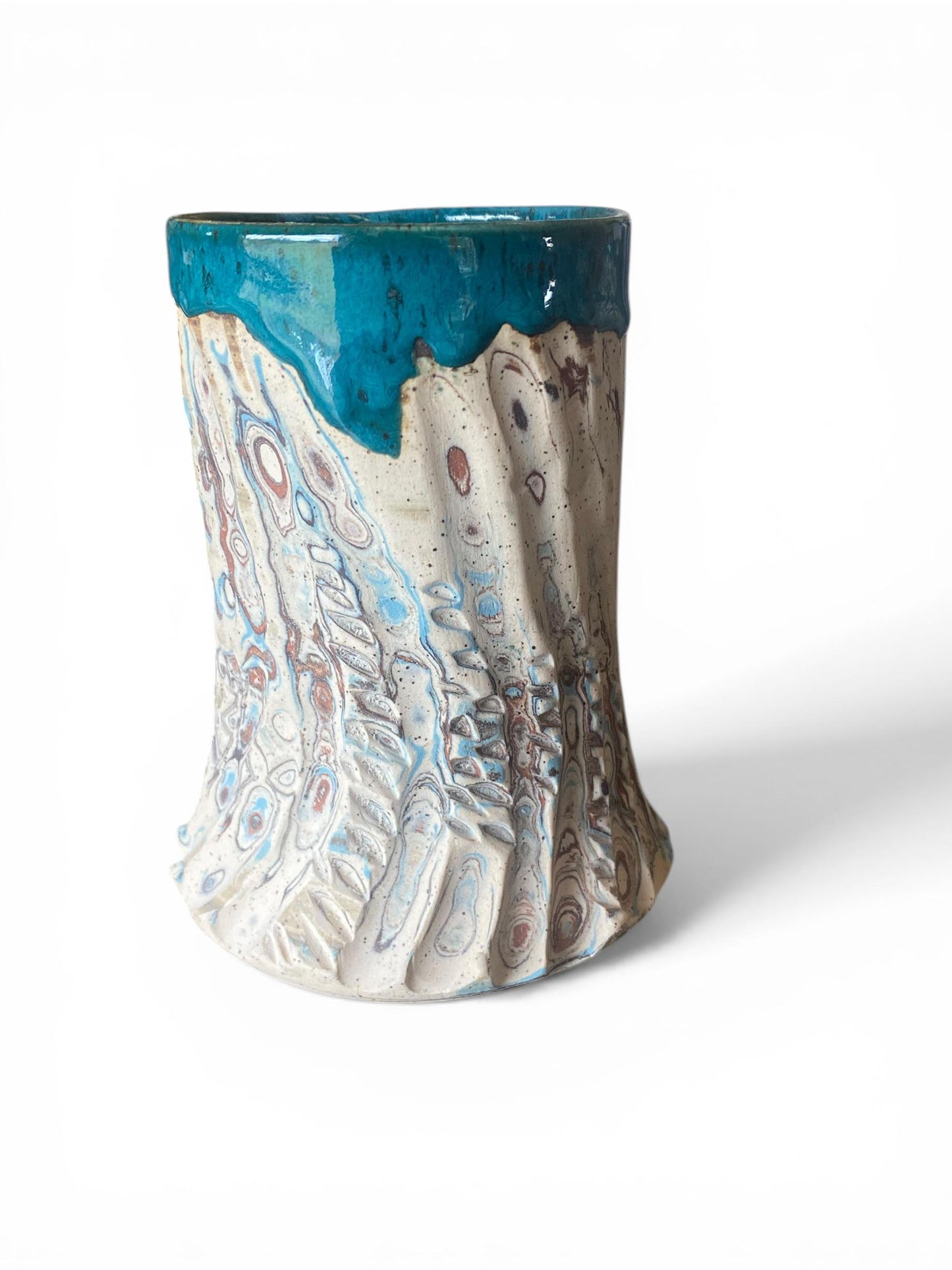Fluted Porcelain Mug – Swirled Colored Clays with Japanese Neriage, Hand-Carved, Satin-Smooth Unglazed Pottery (T-4)