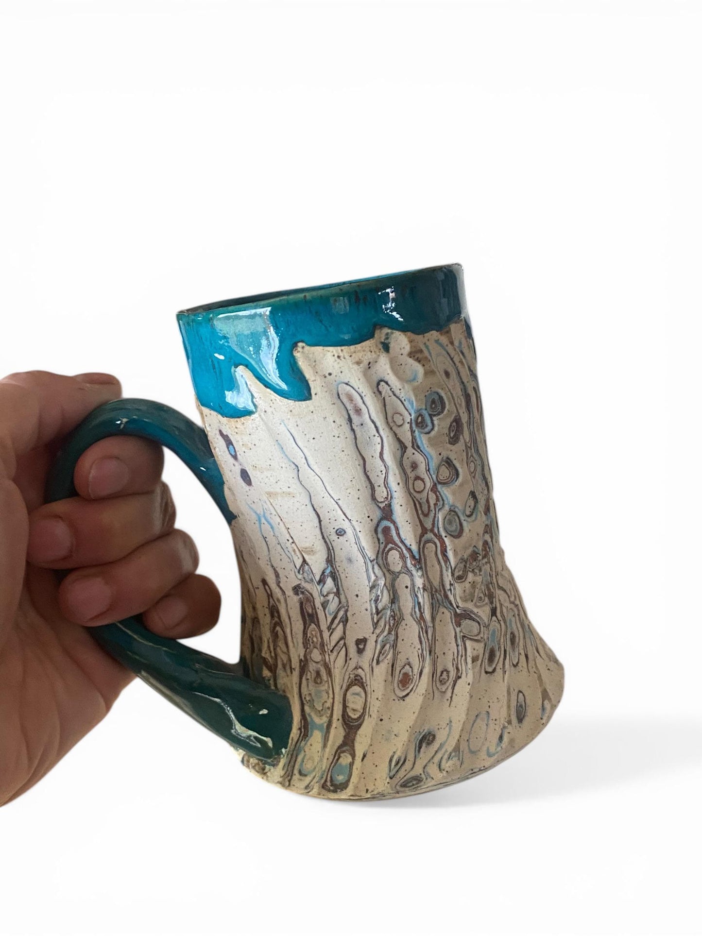 Fluted Porcelain Mug – Swirled Colored Clays with Japanese Neriage, Hand-Carved, Satin-Smooth Unglazed Pottery (T-4)