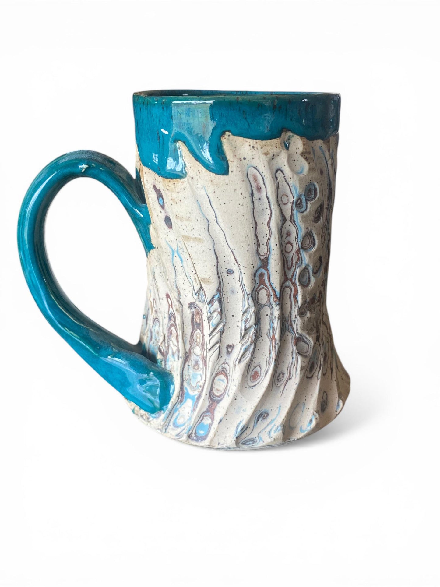 Fluted Porcelain Mug – Swirled Colored Clays with Japanese Neriage, Hand-Carved, Satin-Smooth Unglazed Pottery (T-4)