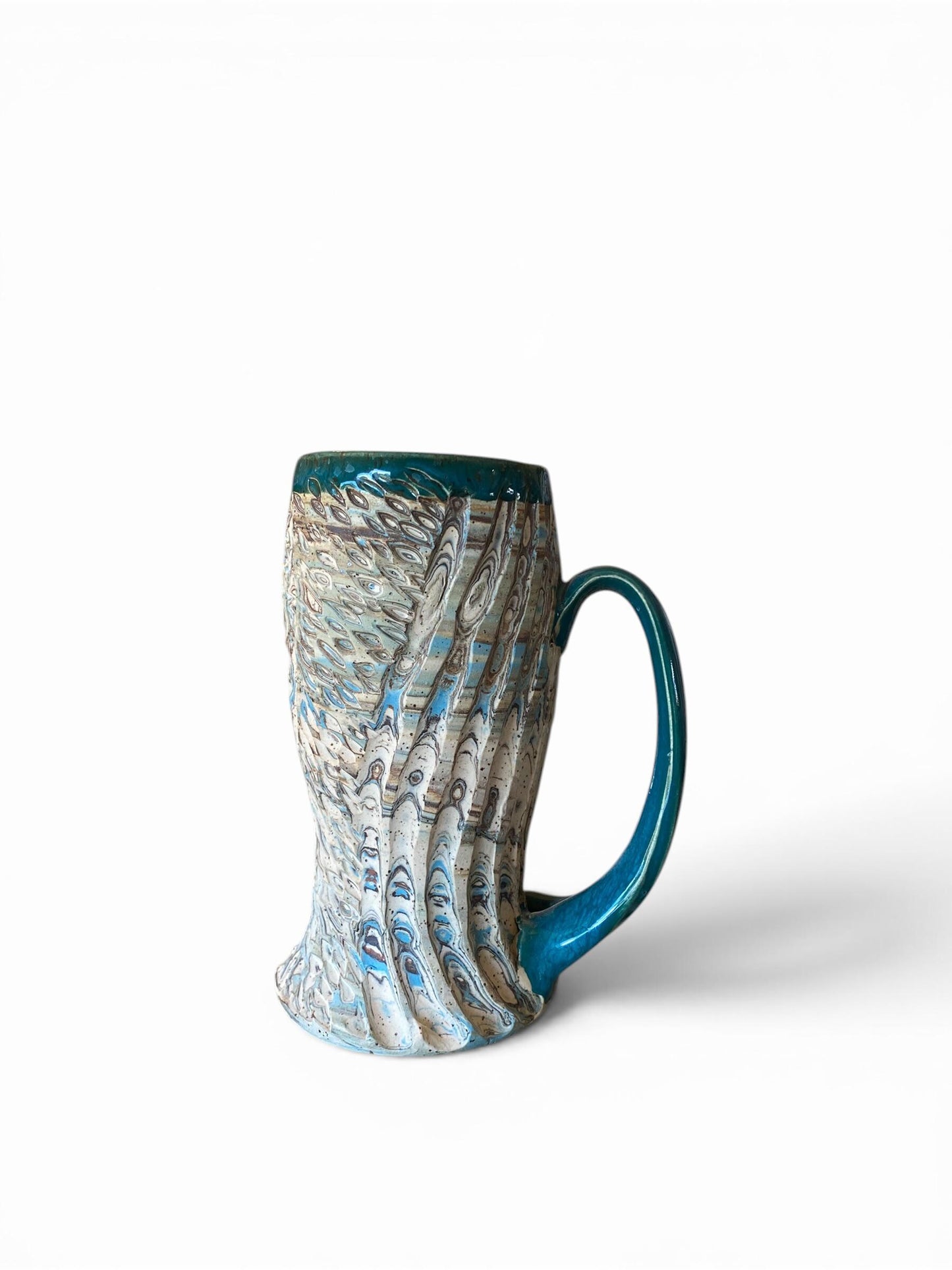 Fluted Porcelain Mug – Swirled Colored Clays with Japanese Neriage, Hand-Carved, Satin-Smooth Unglazed Pottery (T-7)
